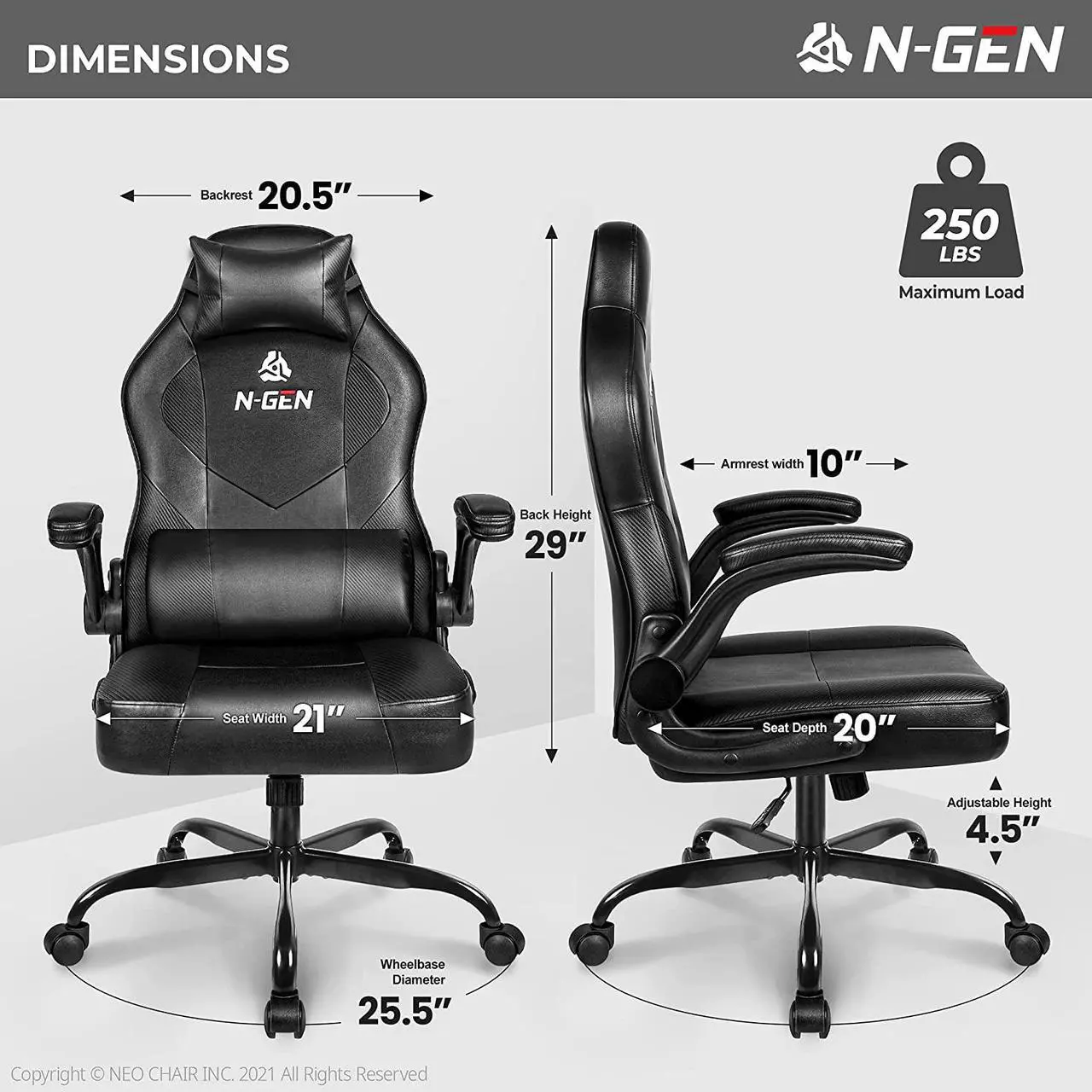 Alt view image 3 of 7 - N-GEN Gaming Chair Ergonomic Office Chair PC Desk Chair with Lumbar Support Flip-Up Arms Levelled Seat Style Headrest PU Leather Executive High Back Computer Chair for Adults Women Men