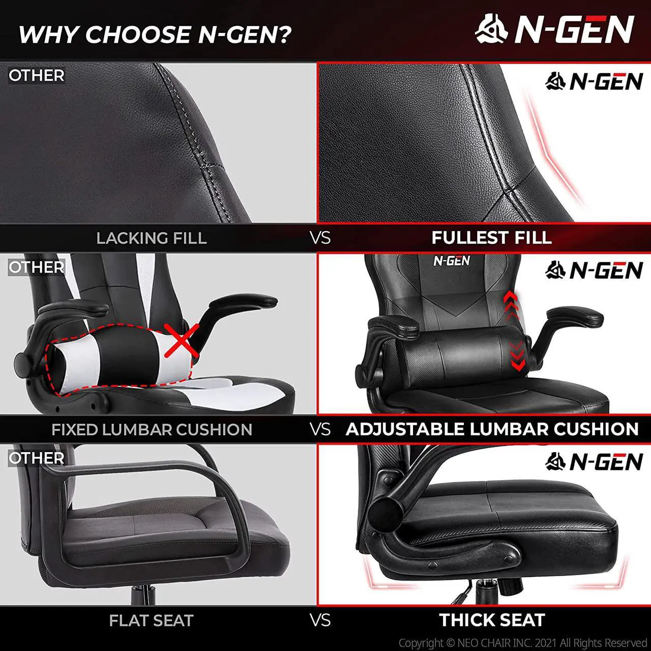 Alt view image 6 of 7 - N-GEN Gaming Chair Ergonomic Office Chair PC Desk Chair with Lumbar Support Flip-Up Arms Levelled Seat Style Headrest PU Leather Executive High Back Computer Chair for Adults Women Men