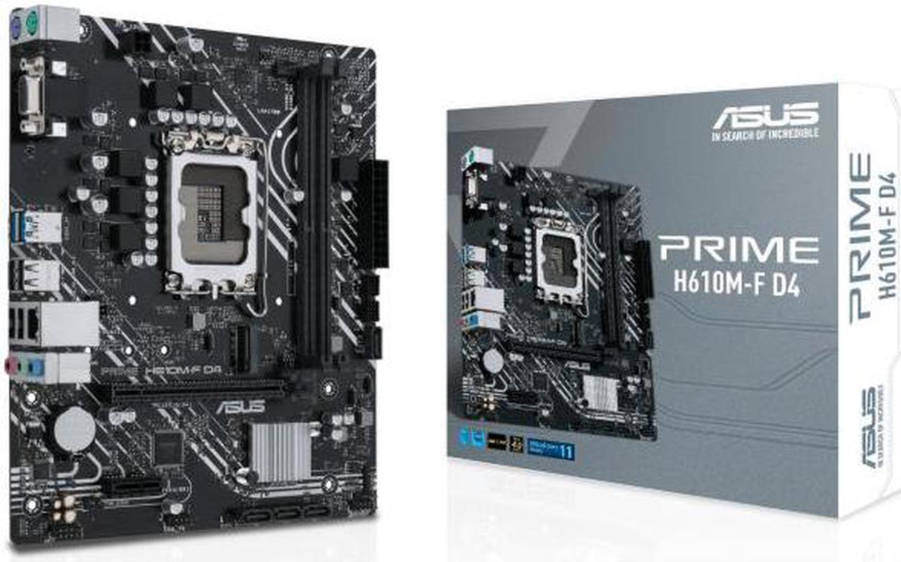 ASUS PRIME H610M-F D4 Intel H610 (LGA 1700) mic-ATX motherboard with DDR4, PCIe 4.0, M.2 slot, Realtek 1 Gb Ethernet, D-Sub, USB 3.2 Gen 1 ports, SATA 6 Gbps