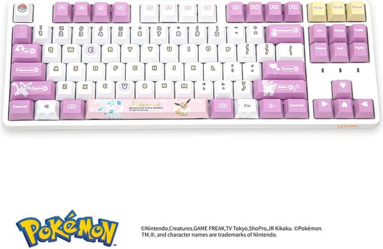 Main image of IROK FE87 pokemon Eevee version, PBT keycap, no light,87 keys Type-C wired Mechanical keyboard, Pink / White,Brown Mechanical switch
