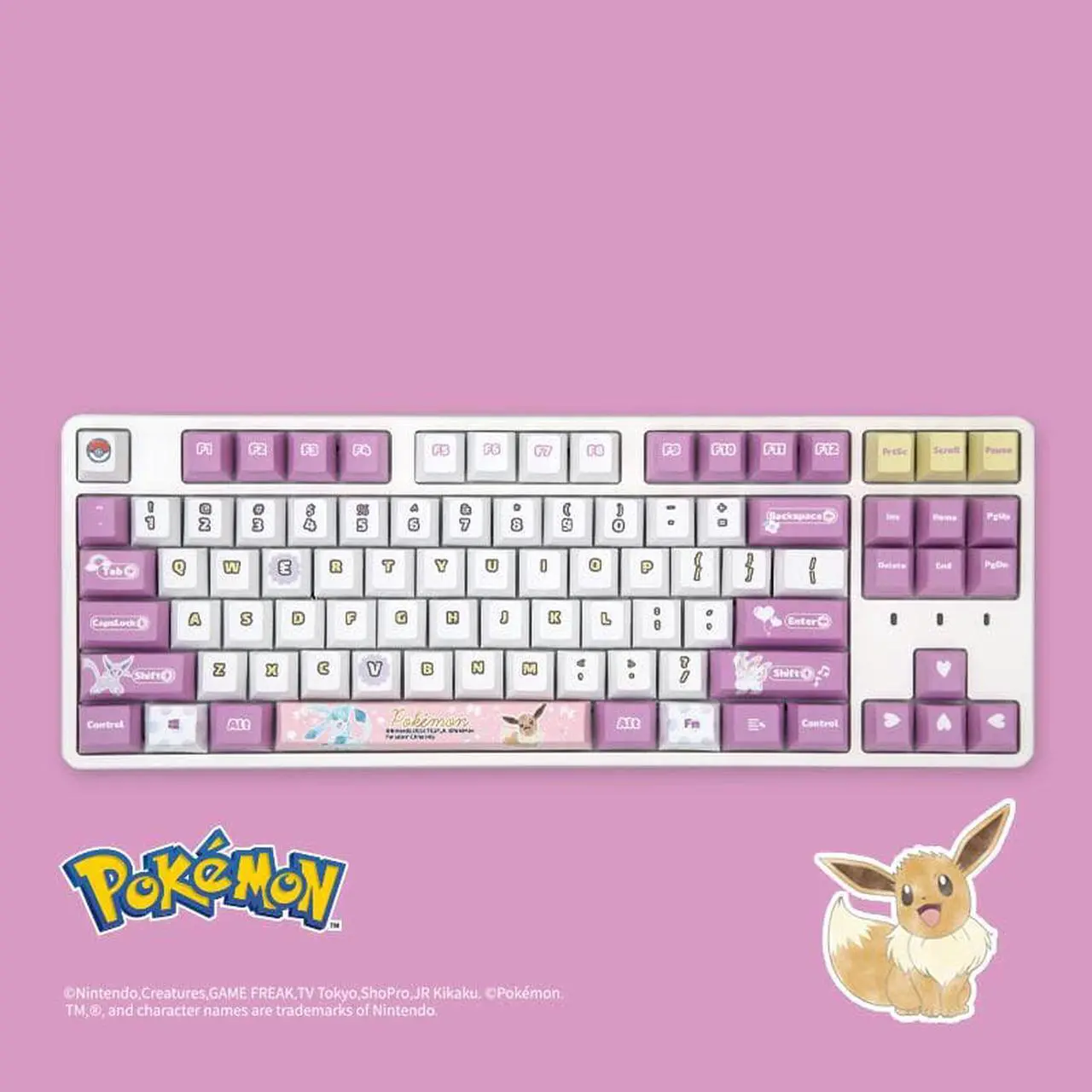 Alt view image 4 of 7 - IROK FE87 pokemon Eevee version, PBT keycap, no light,87 keys Type-C wired Mechanical keyboard, Pink / White,Brown Mechanical switch