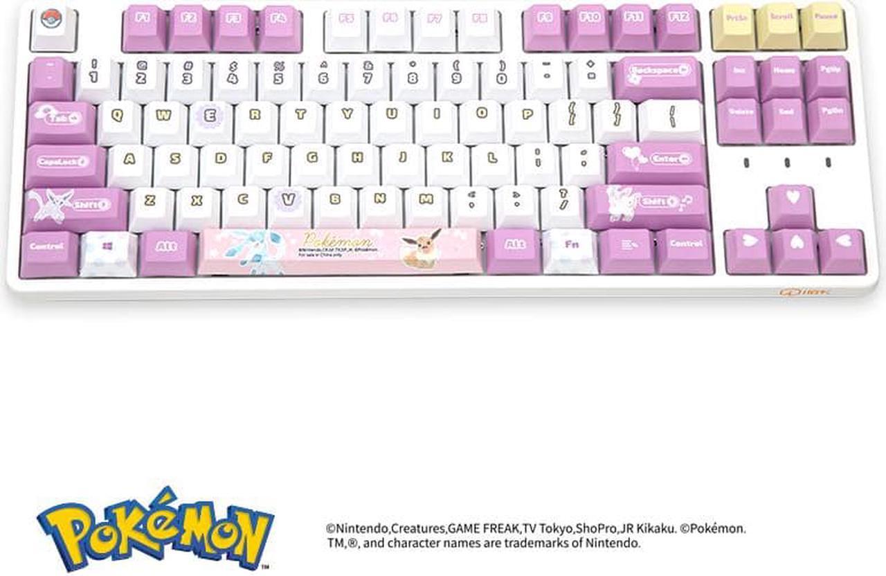 IROK FE87 pokemon Eevee version, PBT keycap, no light,87 keys Type-C wired Mechanical keyboard, Pink / White,Blue Mechanical switch