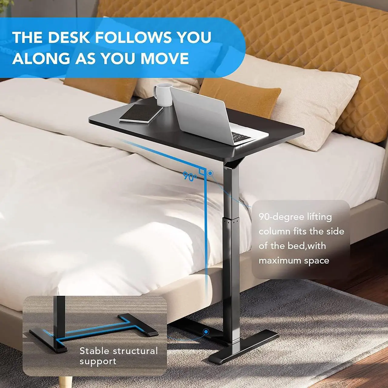 Alt view image 4 of 7 - FLEXISPOT Medical Adjustable Overbed Bedside Table with Wheels Pneumatic Mobile Standing Desk Laptop Desk Rolling Computer Cart Movable Overbed Table Hospital Home Use(27.6" W x 15.7" D, Black Table)