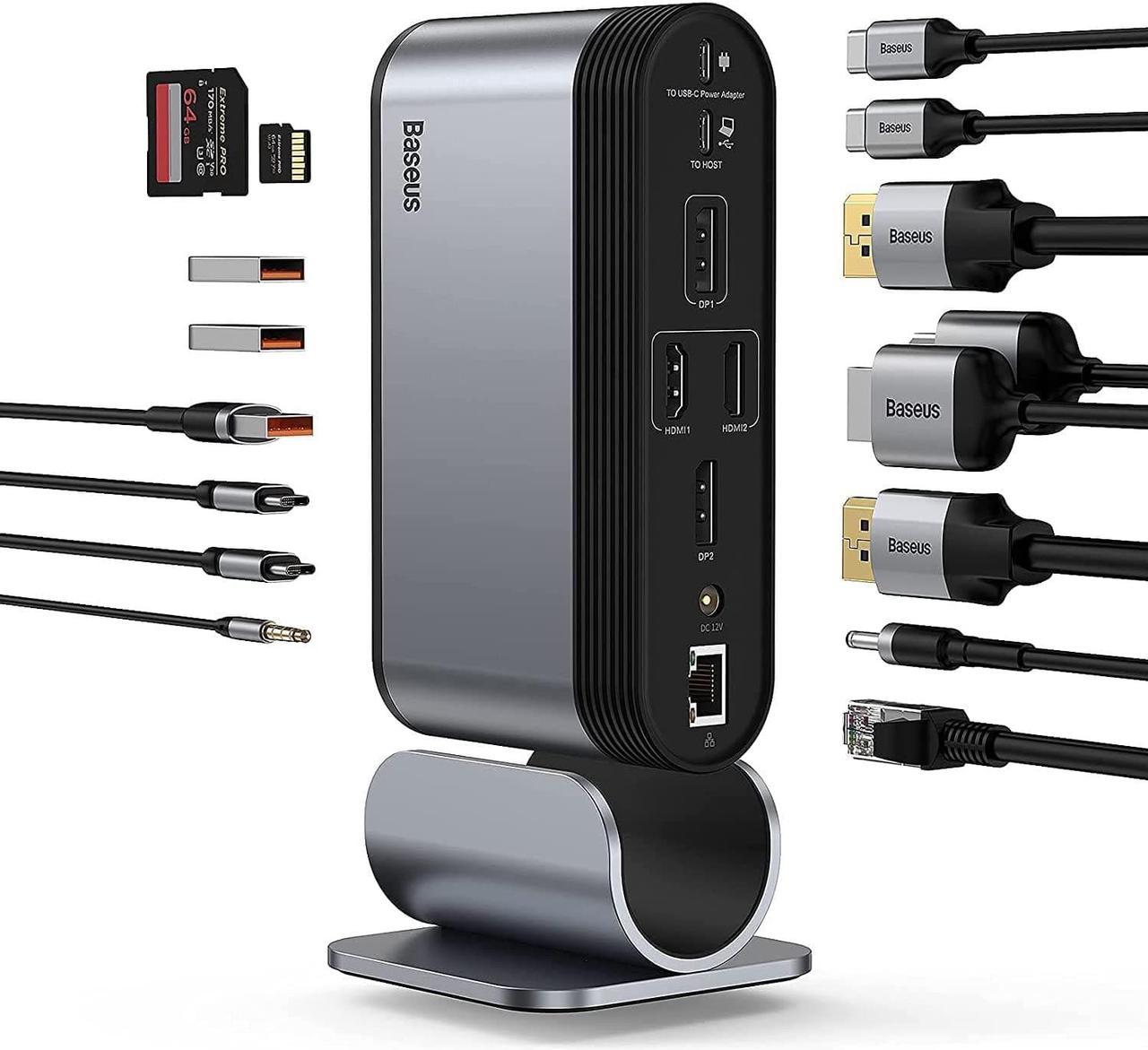 CORN Docking Station, 16-in-1 USB C Hub to Display on 4 Monitors, 2 HMDI, 2 DP, 2 USB-C Ports, 3 USB3.0 Ports, 1000Mbps LAN Port, MicroSD/TF Card Reader, Compatible with Windows and MacOS Laptops