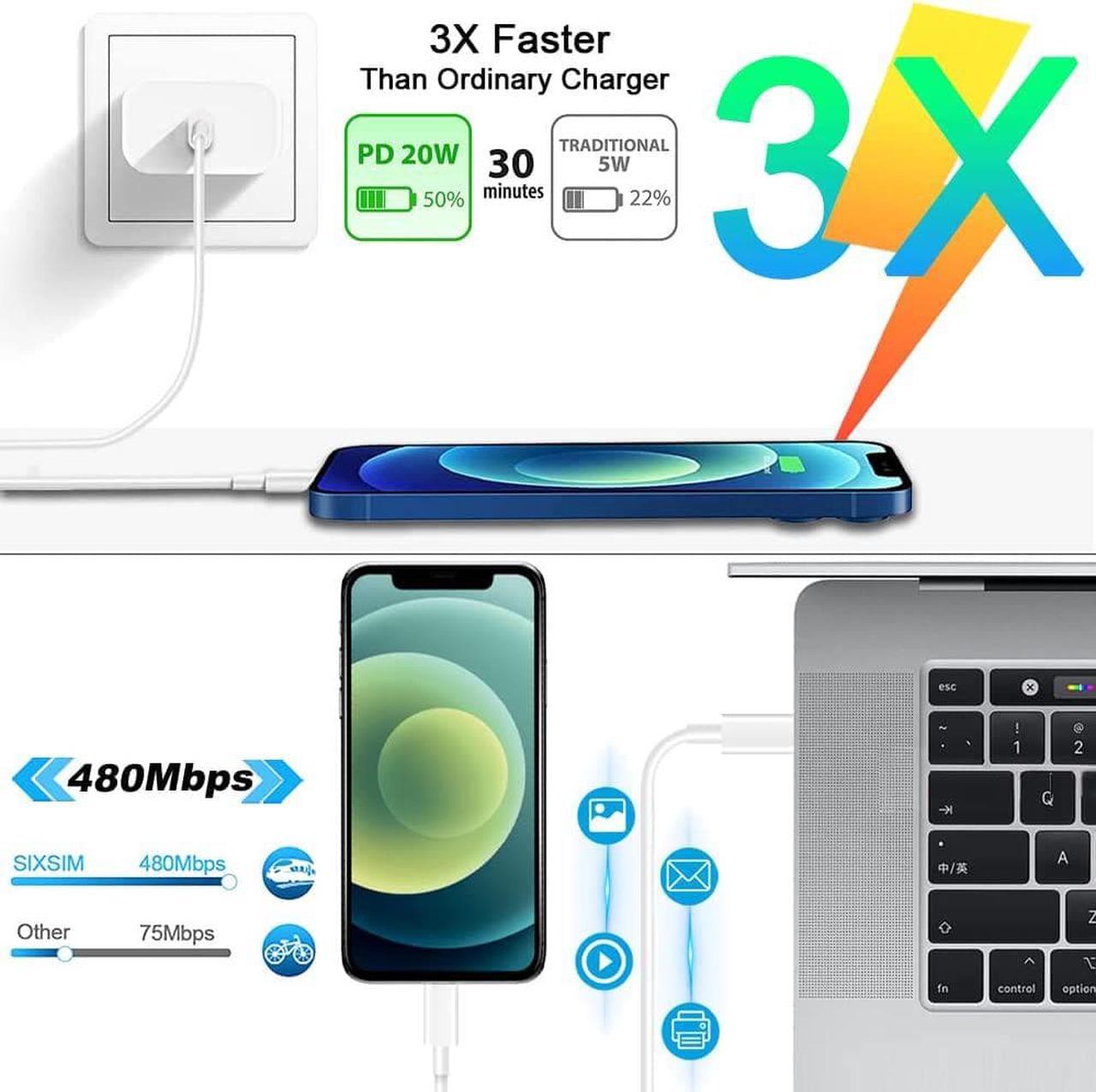 Alt view image 4 of 6 - iPhone Fast Charger, 20W USB C Power Delivery Wall Charger Plug with 6ft Type C to Lightning Cable Quick Charging Data Sync Cord for iPhone14 13 12 11 Pro Max Mini Xs Xr X 8 iPad
