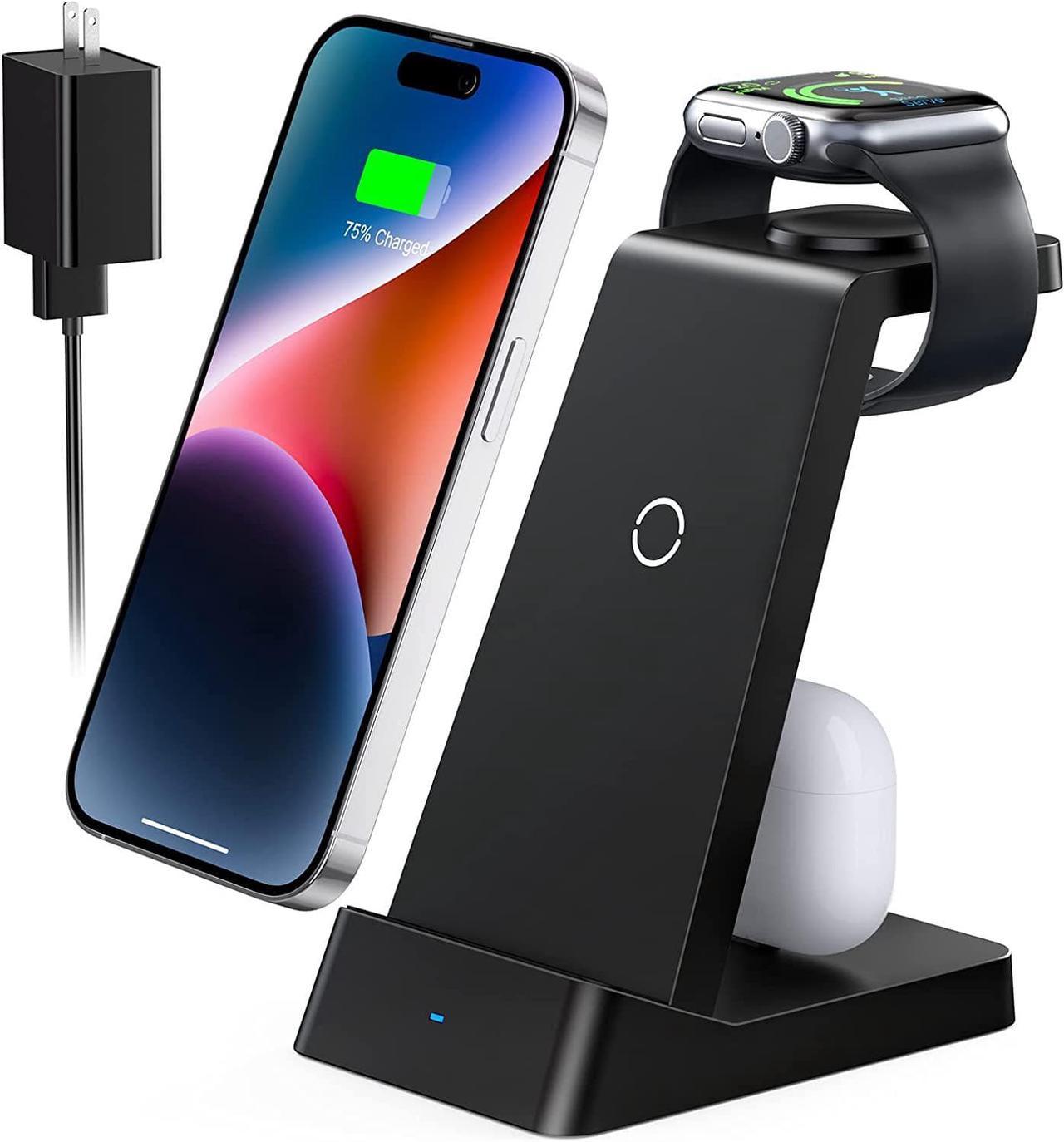 Wireless Charging Station, 18W Fast Wireless Charger Compatible with iPhone 14/13/12/11/Pro/SE/XS/XR/X/8 Plus/8, 3 in 1 Wireless Charging Dock Stand for Apple Watch Series & Airpods (with Adapter)