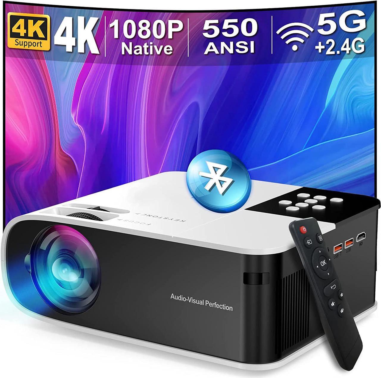 Native 1080P Projector with WiFi and Bluetooth, 550 ANSI Portable Home Theater Projector 4k Supported 200" Display Video Projector, 4D/4P Keystone & 50%-100% Zoom for iPhone Android PC Laptop