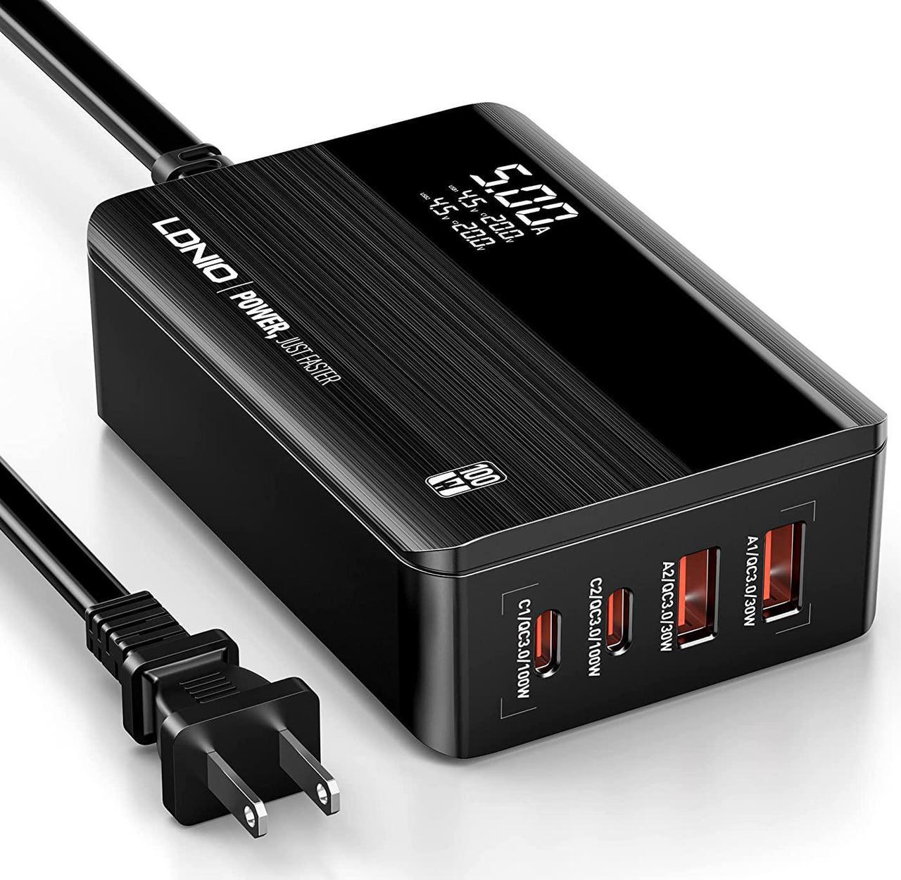 USB C Charger, LDNIO 100W PD Fast GaN Charger with LED Display, 4-Port USB C Charging Station with 2USB-C, 2USB for MacBook Pro/Air, iPad, Laptops, iPhone, Samsung Galaxy, Steam Deck and More