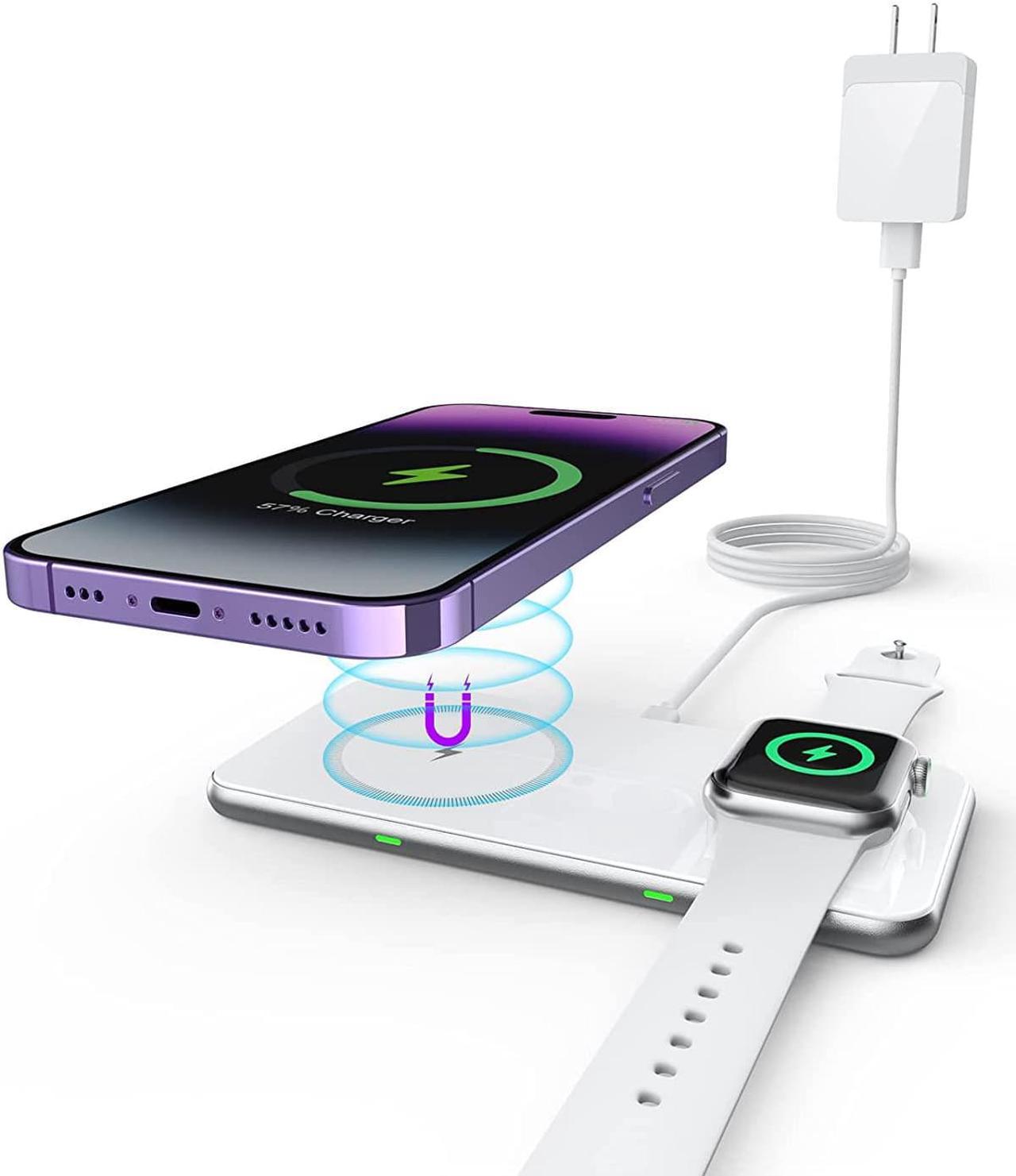 2-in-1 Mag-Safe Charger, 15W Magnetic Wireless Charging Pad for iPhone 14/13/12, 14/13/12 Pro, 14/13/12 Pro Max, 14 Plus, 13/12 Mini, AirPods 3/2/Pro, iWatch 8/7/6/SE /5/4/3/2(with QC 3.0 Adapter)