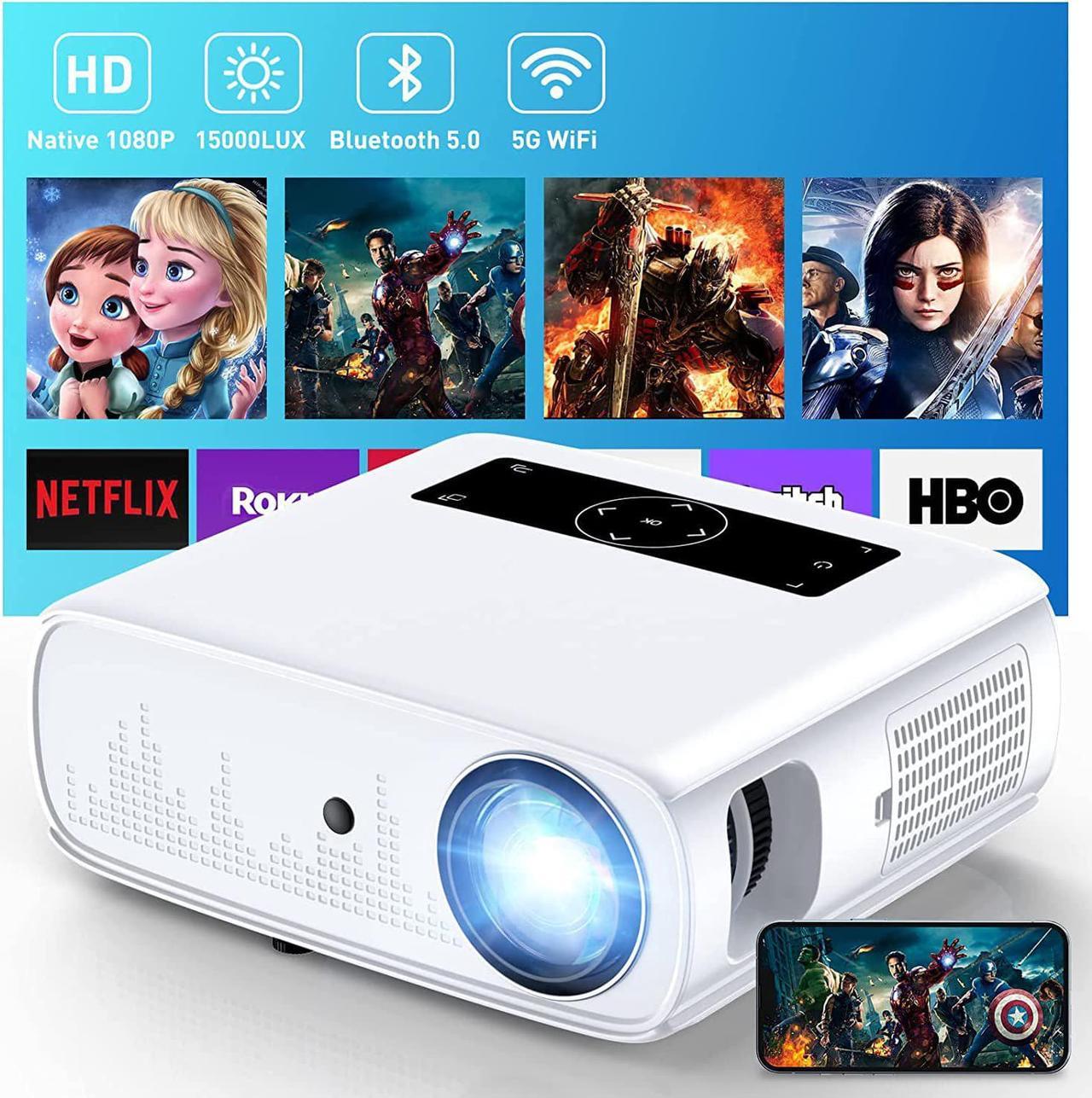 Projector, 15000lux 490ANSI Native 1080P WiFi Bluetooth Projector, 300'' Video Projector, Supports 4K & Zoom, 5G Sync, Compatible with HDMI USB/AV/Smartphone/Pad/Laptop/DVD/TV Stick/ PS5