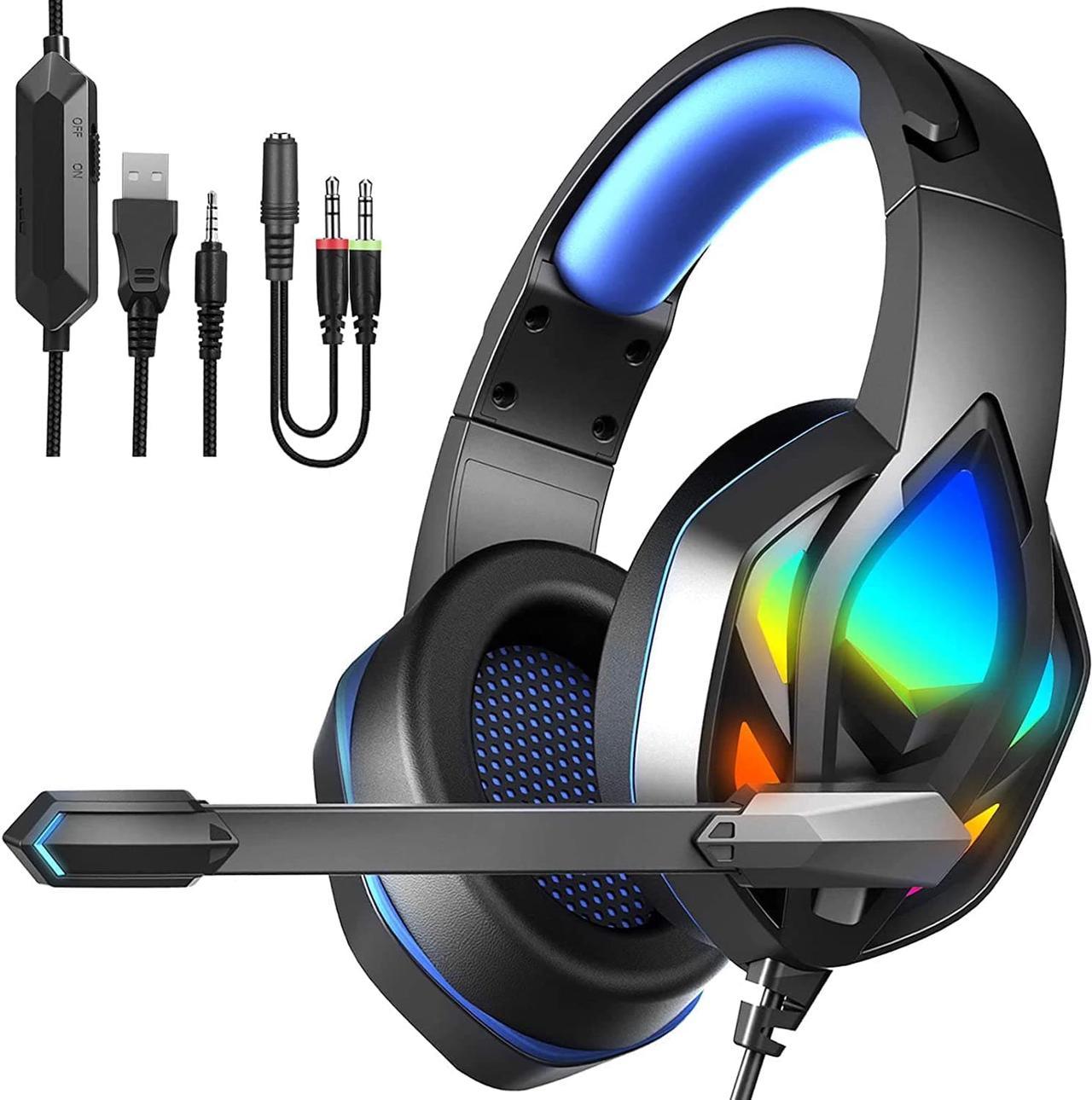 Corn Gaming Headset, Over-Ear Gaming Headphones with Noise Canceling Mic, Stereo Bass Surround Sound, LED Light, Soft Memory Earmuffs PS4 Gaming Headset Compatible with PC, Laptop,Tablet