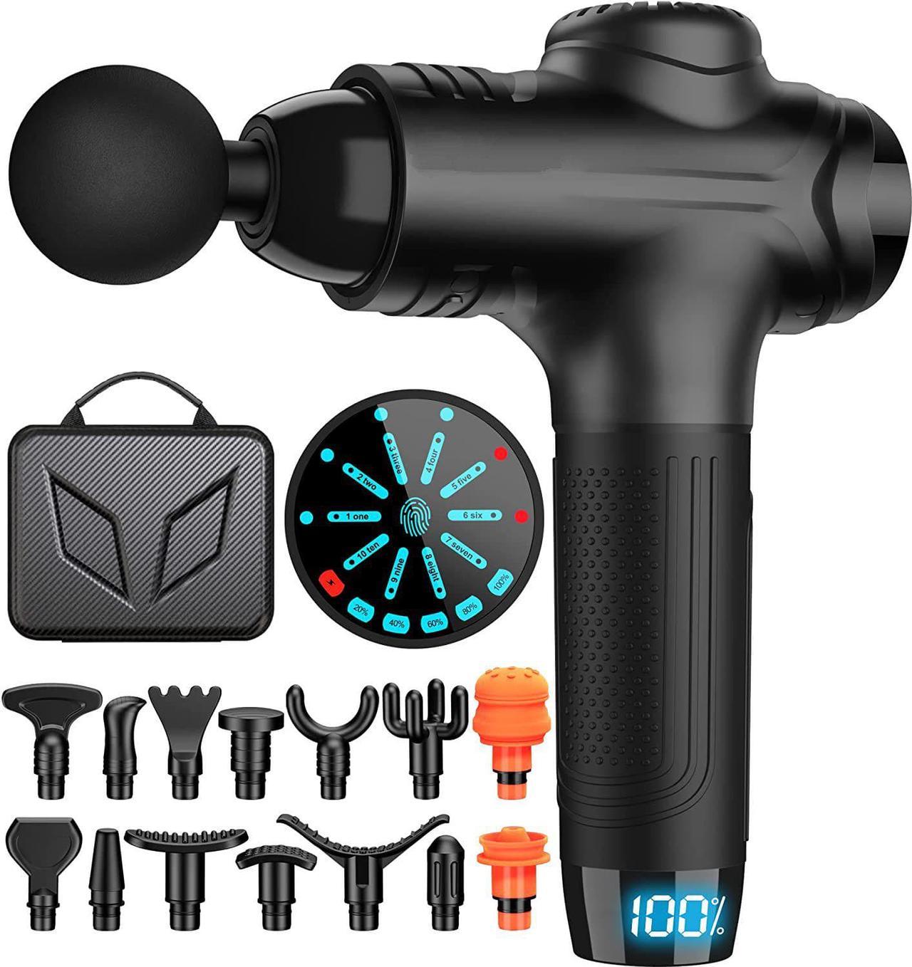 Massage Gun, Muscle Massage Gun with High-tech Brushless Motor, Attaching 15 PCS Upgrade Replacement Heads and Smart LCD Screen, Black