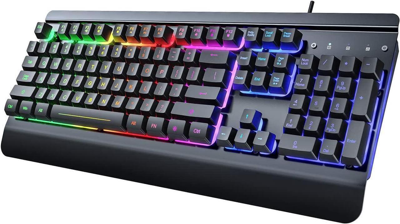 Gaming Keyboard, 104 Keys All-Metal Panel, Rainbow LED Backlit Quiet Computer Keyboard, Wrist Rest, Multimedia Keys, Anti-ghosting Keys, Waterproof Light Up USB Wired Keyboard for PC Mac Xbox