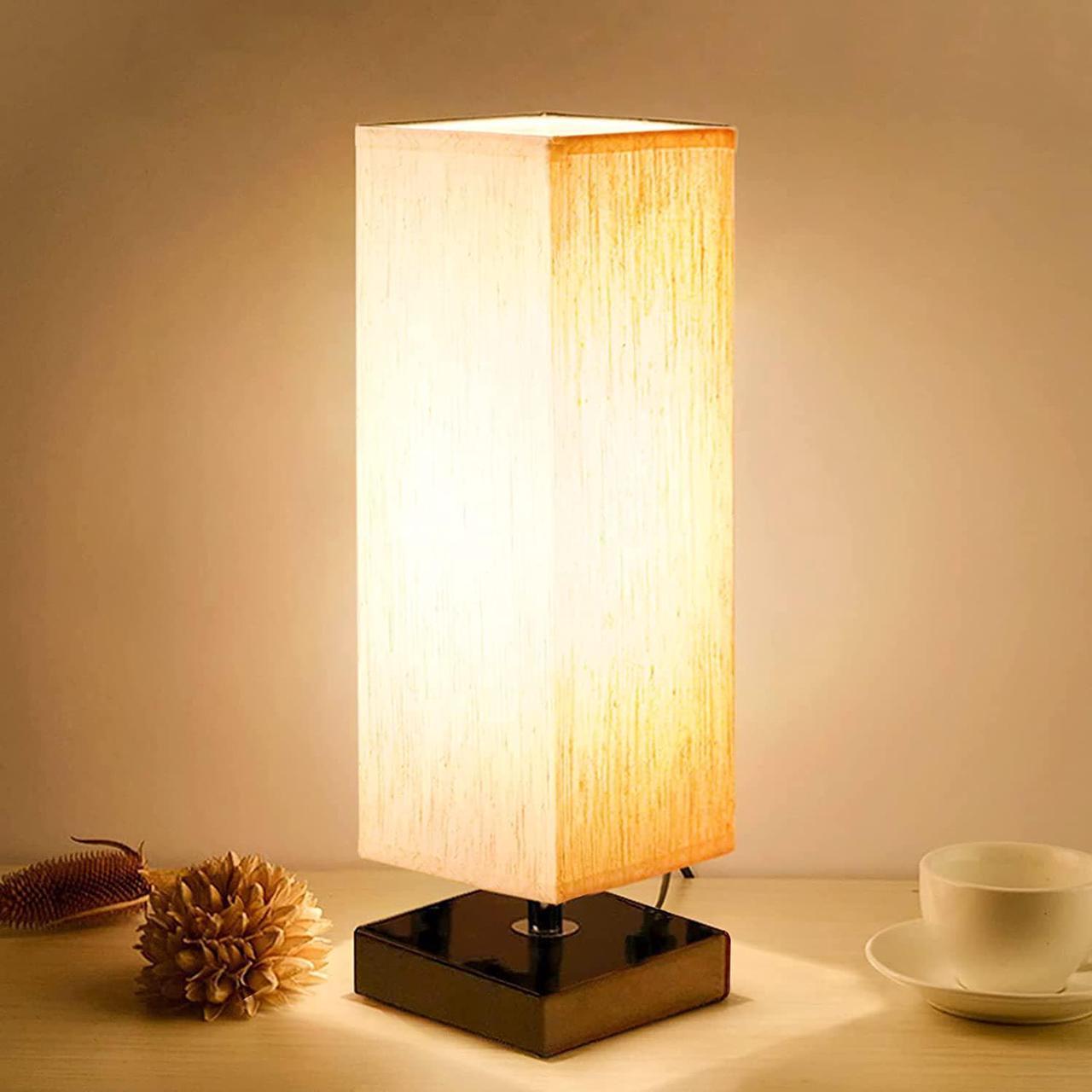 Table Lamp for Bedroom - Bedside Lamps for Nightstand, Minimalist Solid Wood Night Stand Light Lamp with Square Fabric Shade, Desk Reading Lamp for Kids Room Living Room Office Dorm