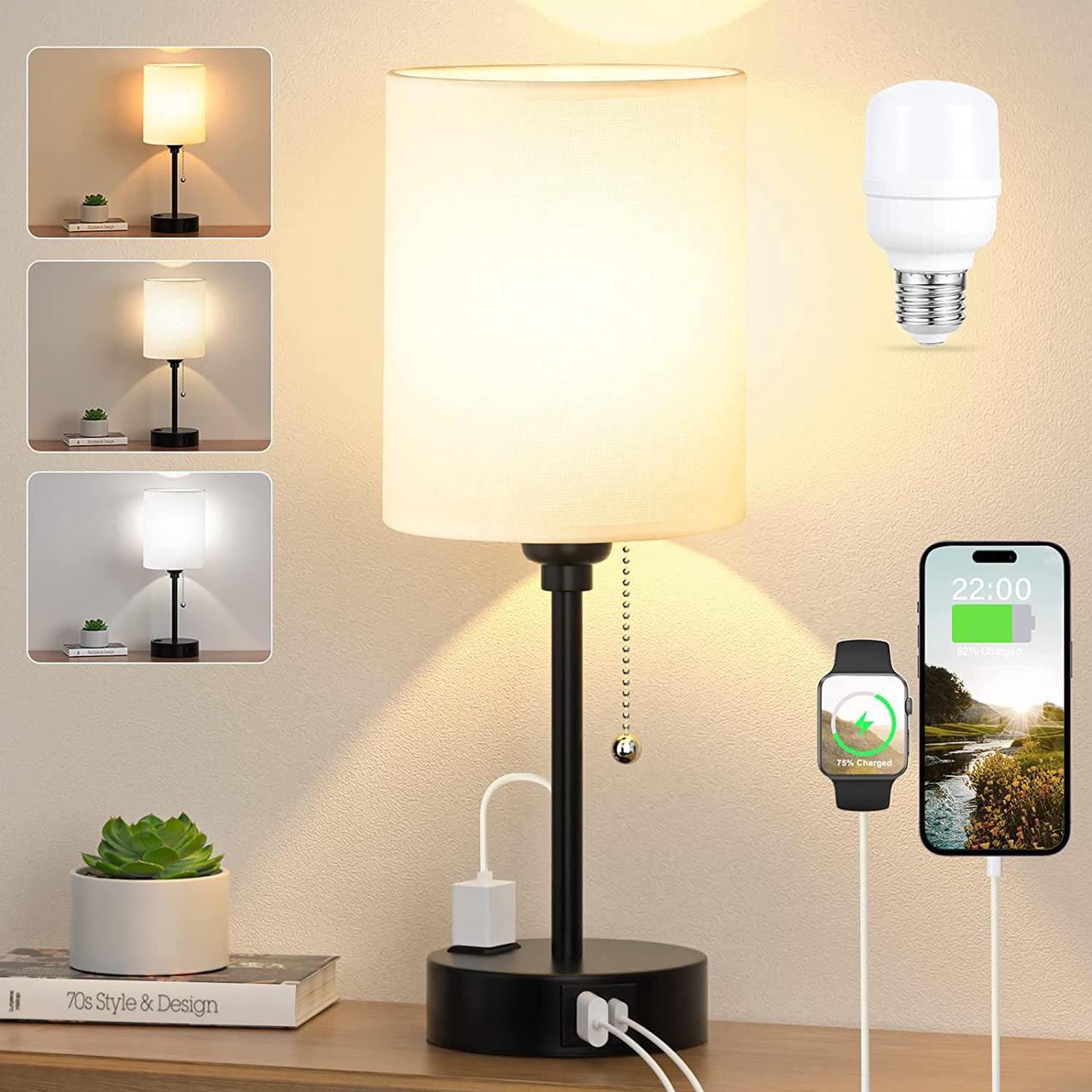 Small Bedroom Lamps 3 Color Temperatures - 2700K 3500K 5000K Bedside Lamps with USB C and A Ports, Pull Chain Table Lamps with AC Outlet, White Nightstand Lamps with Black Metal Base for Kids Reading