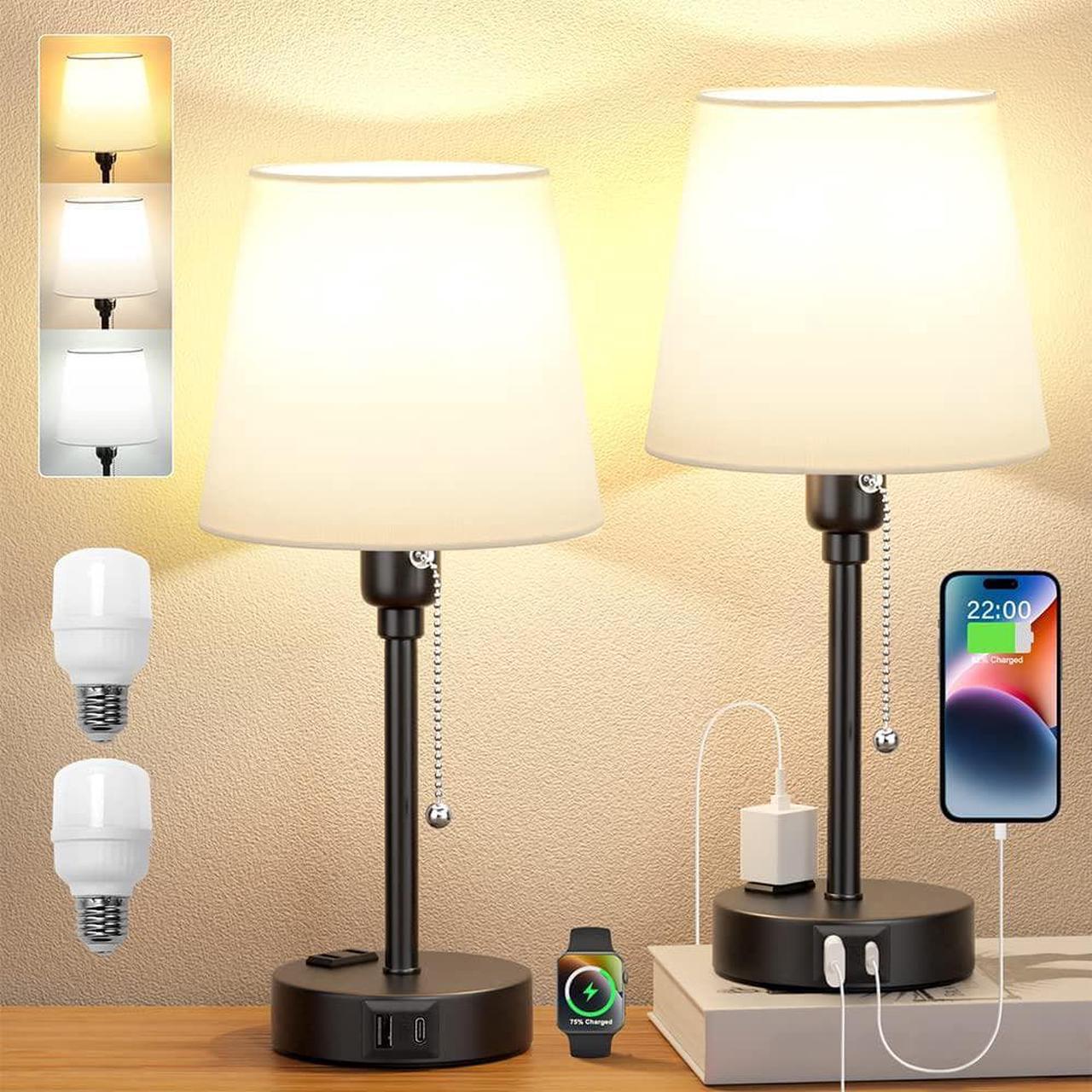 Bedside Lamps for Bedrooms Set of 2 Nightstand - Table Lamp with 3 Color Modes 2700K-5000K, Small Lamp with USB C+A Charging Port and AC Outlet, White Lamp for Side Table, Mini Bed Side Lamp for Kids