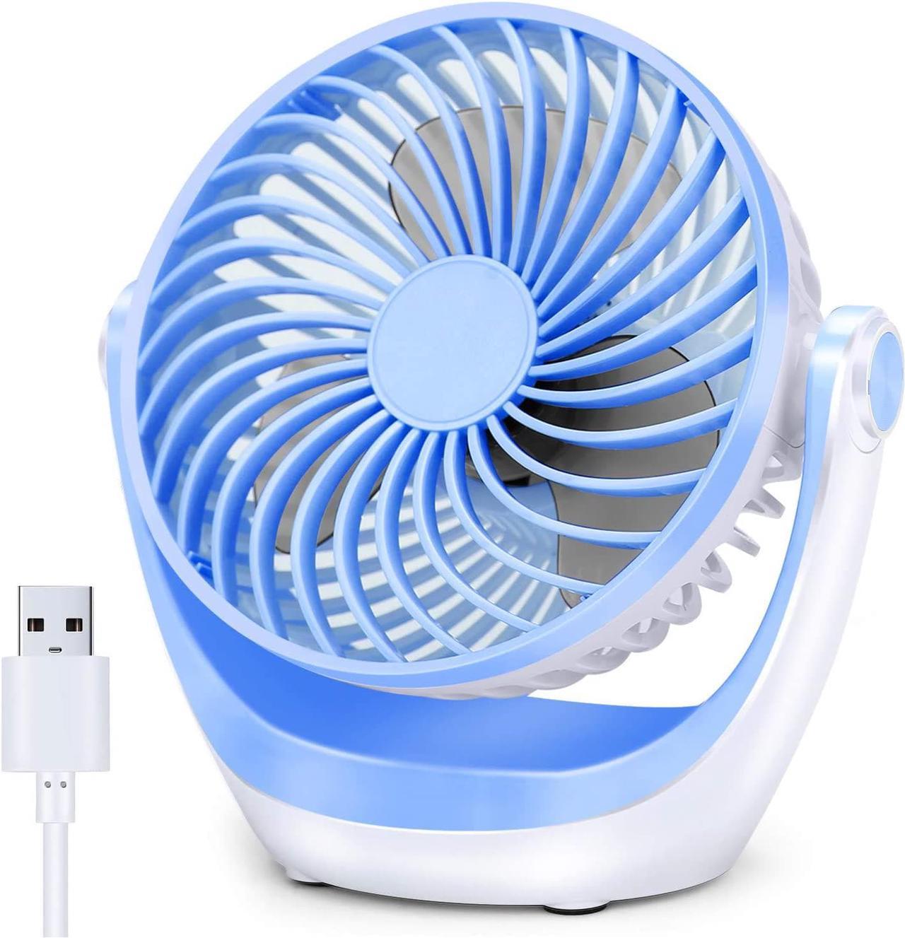 CORN Desk Fan Small Table Fan with Strong Airflow Quiet Operation Portable Fan Speed Adjustable Head 360°Rotatable Mini Personal Fan for Home Office Bedroom Table and Desktop 5.1 Inch Blue