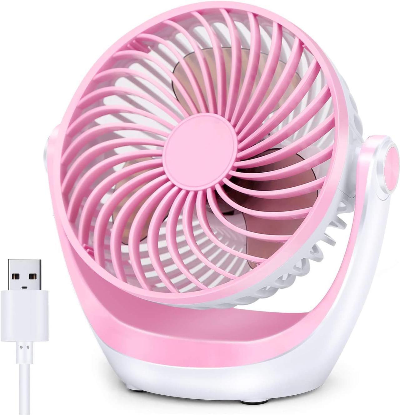 CORN Desk Fan Small Table Fan with Strong Airflow Quiet Operation Portable Fan Speed Adjustable Head 360°Rotatable Mini Personal Fan for Home Office Bedroom Table and Desktop 5.1 Inch Pink