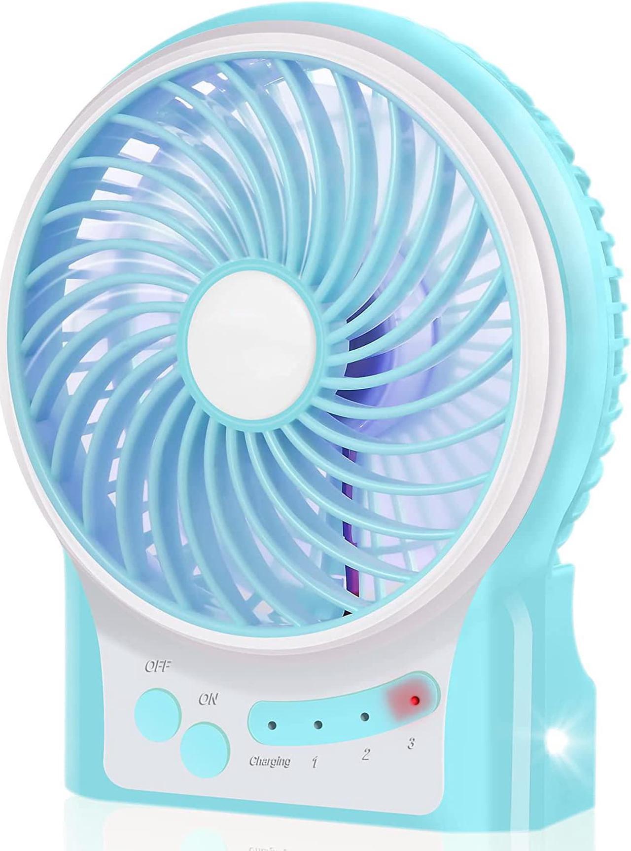 CORN 3 Speeds Mini Desk Fan, Rechargeable Battery Operated Fan with LED Light, Portable USB Fan Quiet for Home, Office, Travel, Camping, Outdoor, Indoor Fan, 4.9-Inch, Blue