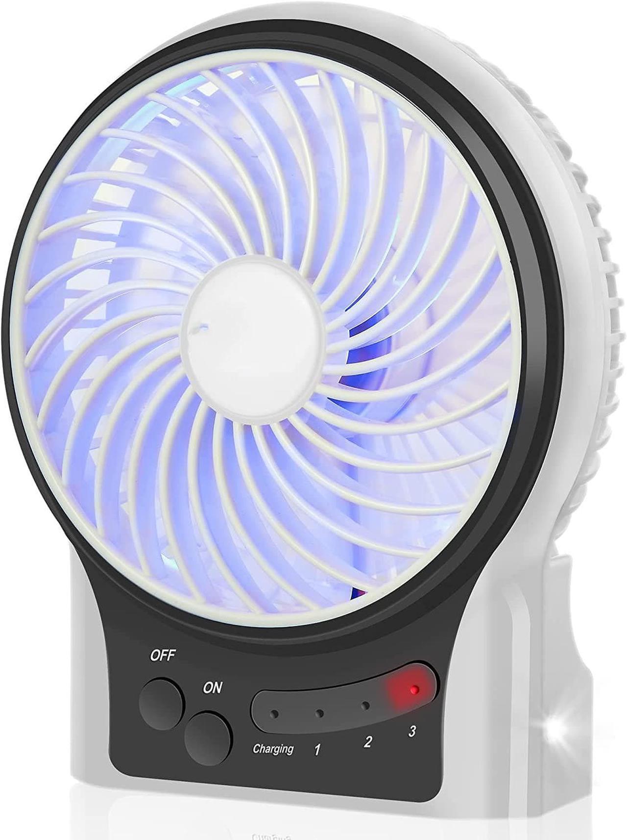 CORN 3 Speeds Mini Desk Fan, Rechargeable Battery Operated Fan with LED Light, Portable USB Fan Quiet for Home, Office, Travel, Camping, Outdoor, Indoor Fan, 4.9-Inch, White