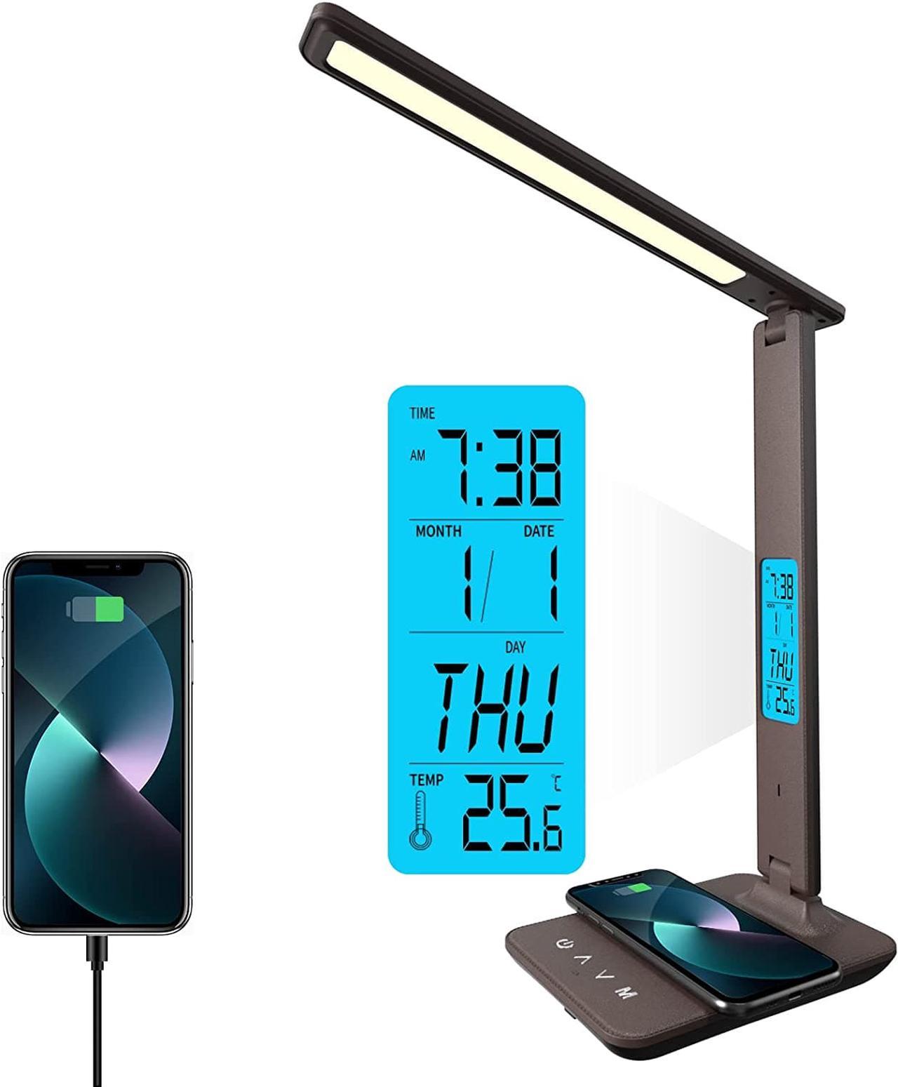 Corn Desk Lamp, LED Desk Lamp with Wireless Charger, USB Charging Port, Table Lamp with Clock, Alarm, Date, Temperature, Office Lamp, Desk Lamps for Home Office,Brown