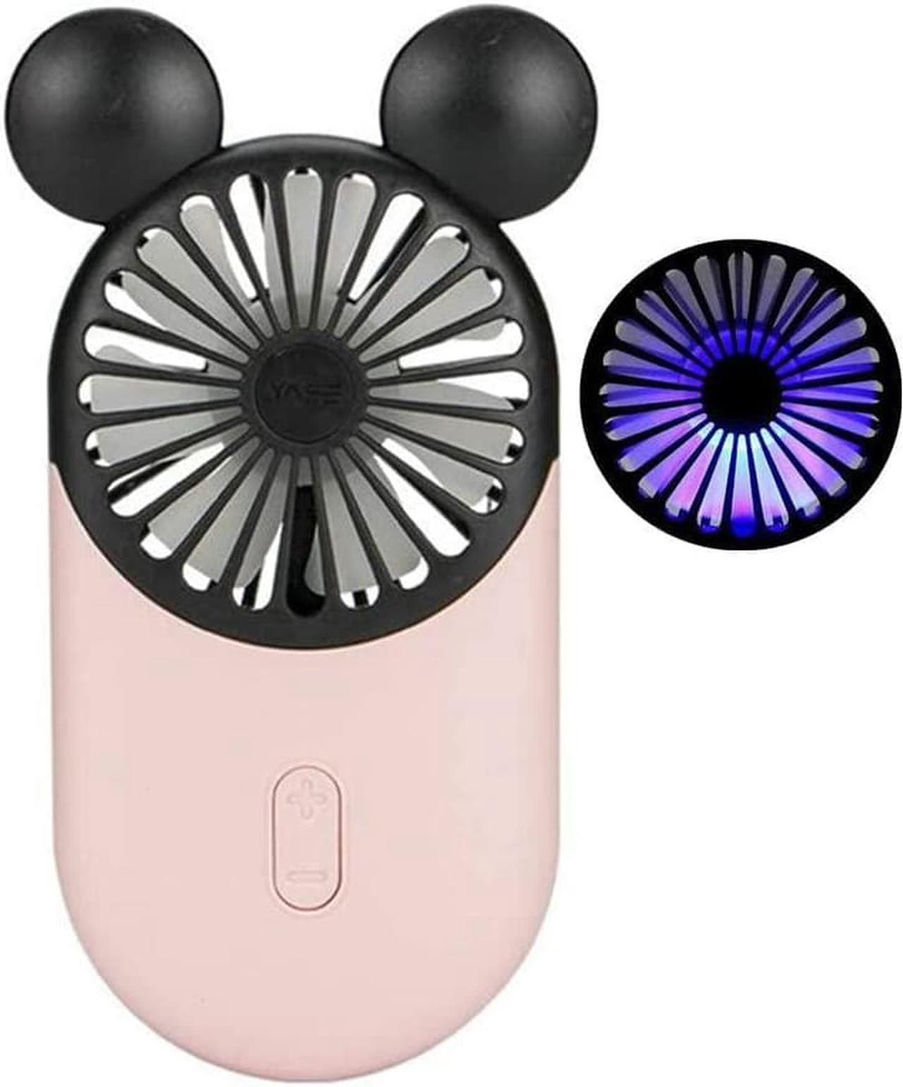 CORN Cute Personal Mini Fan, Handheld & Portable USB Rechargeable Fan with Beautiful LED Light, 3 Adjustable Speeds, Portable Holder, for Indoor Or Outdoor Activities, Cute Mouse (Pink)