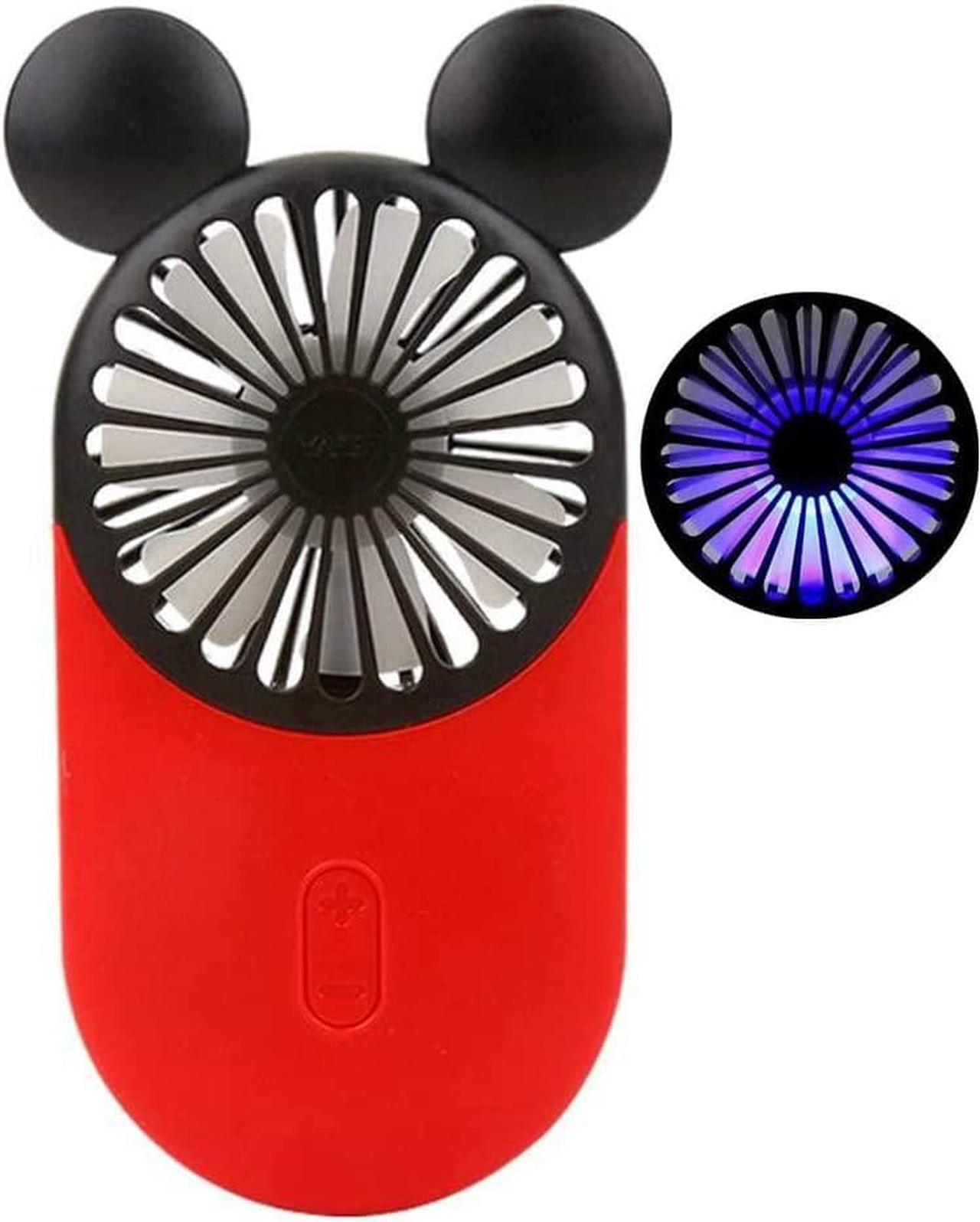 CORN Cute Personal Mini Fan, Handheld & Portable USB Rechargeable Fan with Beautiful LED Light, 3 Adjustable Speeds, Portable Holder, for Indoor Or Outdoor Activities, Cute Mouse Red