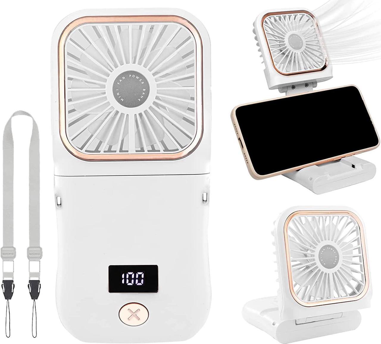 Portable Mini Fan, 3000mAh Battery Operated Fan, 3 Speeds Rechargeable Fan, Phone Bracket & Power Bank Function, Foldable Design, Power indicator - Handheld Cooling Fan for Quiet Use White