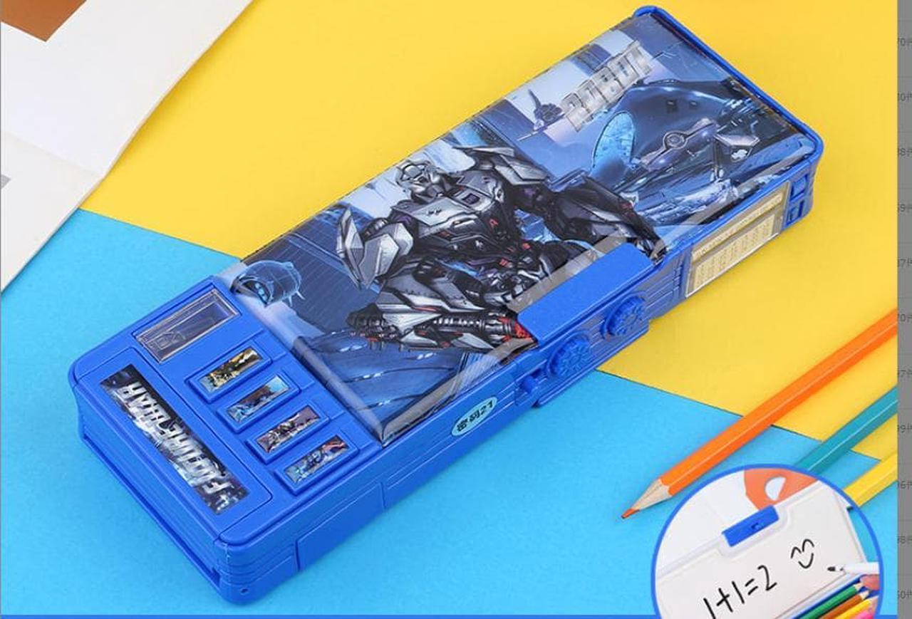 Multifunction (Transformer) pencil box with Combination lock for Gift, school organizer, Large Capacity pencil box.1 Click pop up storage of eraser, inbuilt sharpener, crayons and pencils, Blue