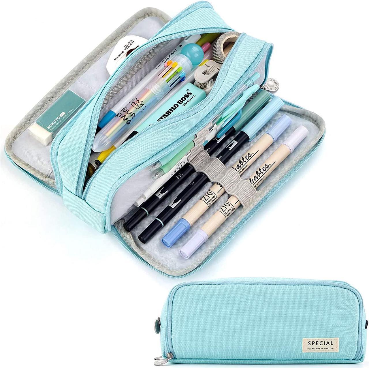 Large Capacity Pencil Case 3 Compartment Pouch Pen Bag for School Teen Girl Boy Men Women Light blue