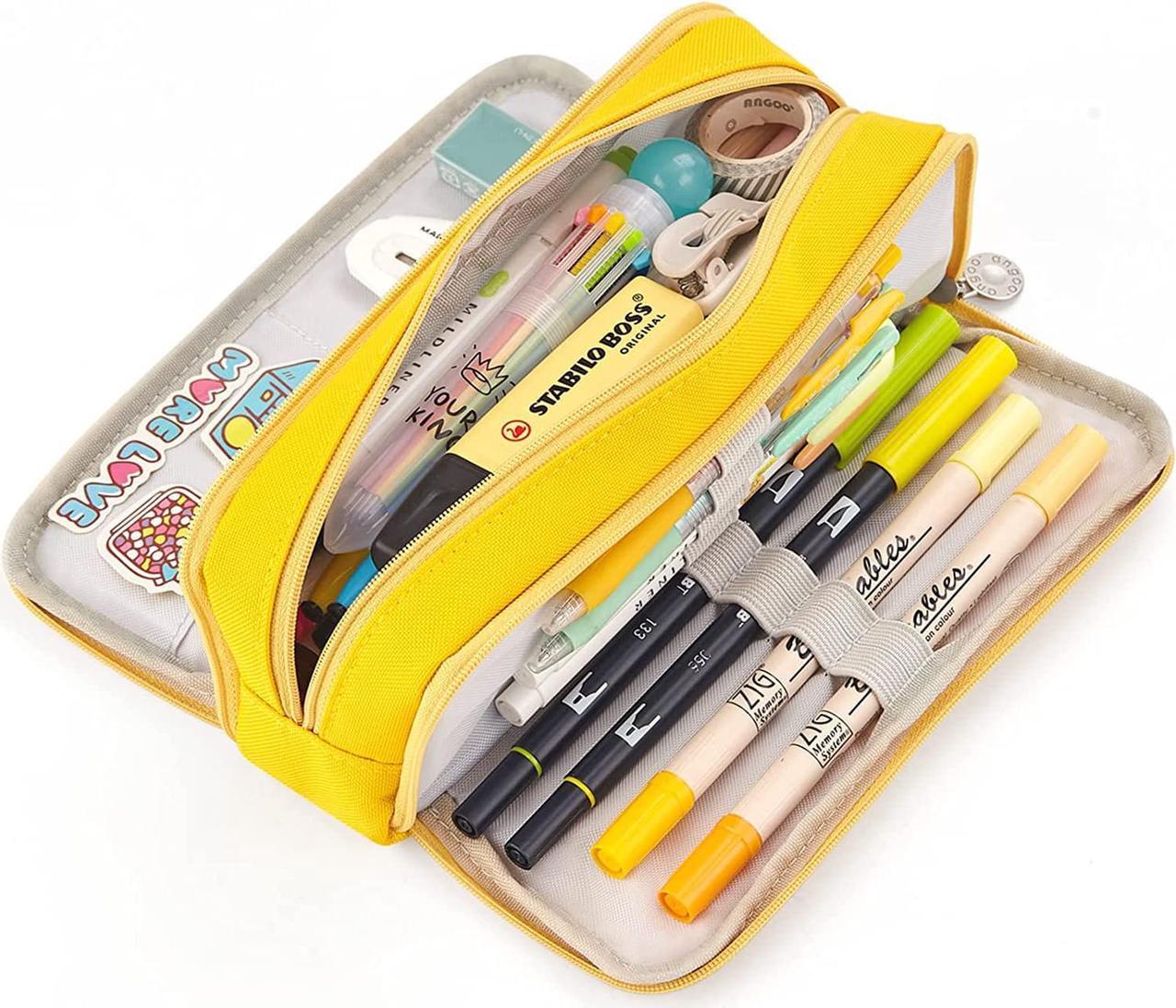 Large Capacity Pencil Case 3 Compartment Pouch Pen Bag for School Teen Girl Boy Men Women Yellow