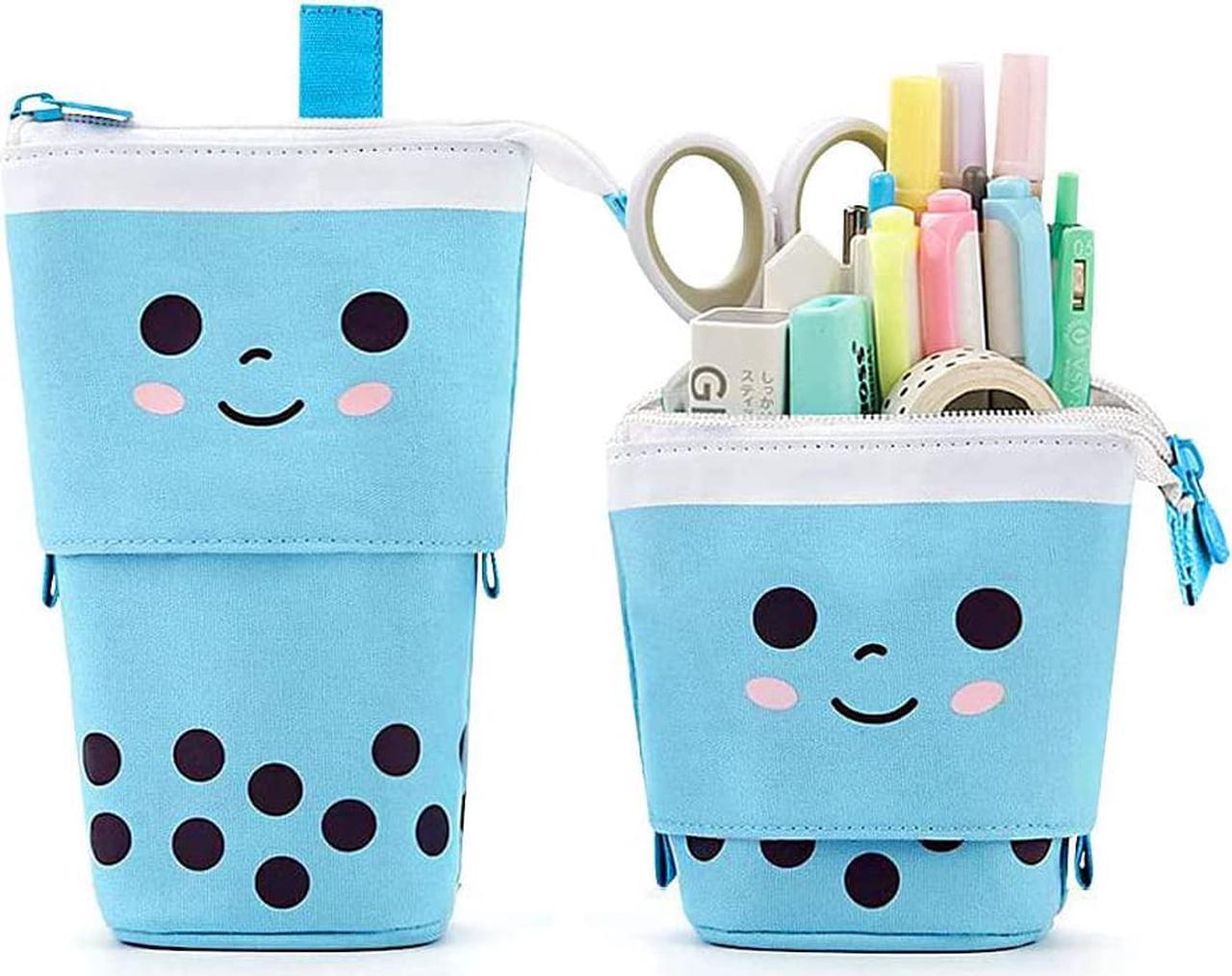 Boba Cute Standing Pencil Case for Kids, Pop Up Pencil Box Makeup Pouch, Stand UP Christmas Gift kids Pen Holder Organizer Cosmetics Bag, Kawaii Stationary blue