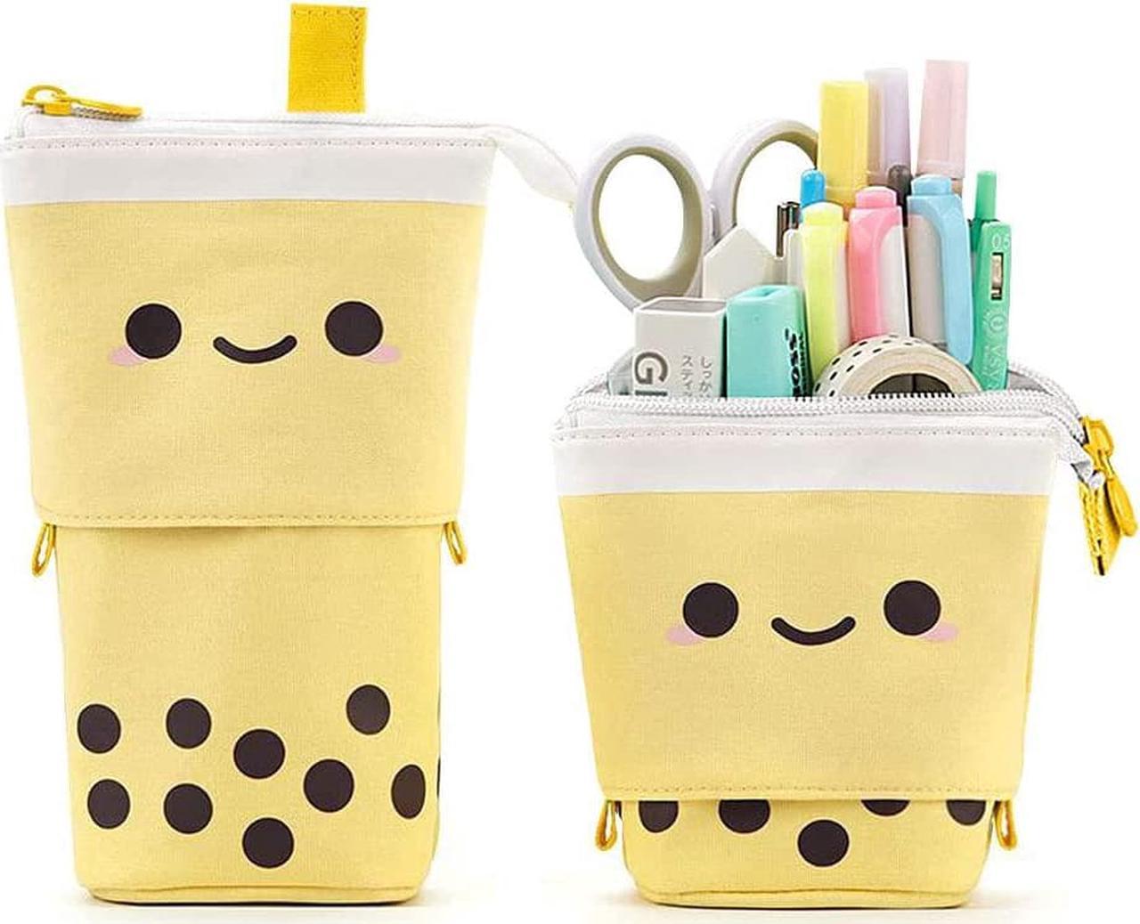 Boba Cute Standing Pencil Case for Kids, Pop Up Pencil Box Makeup Pouch, Stand UP Christmas Gift kids Pen Holder Organizer Cosmetics Bag, Kawaii Stationary (Yellow)