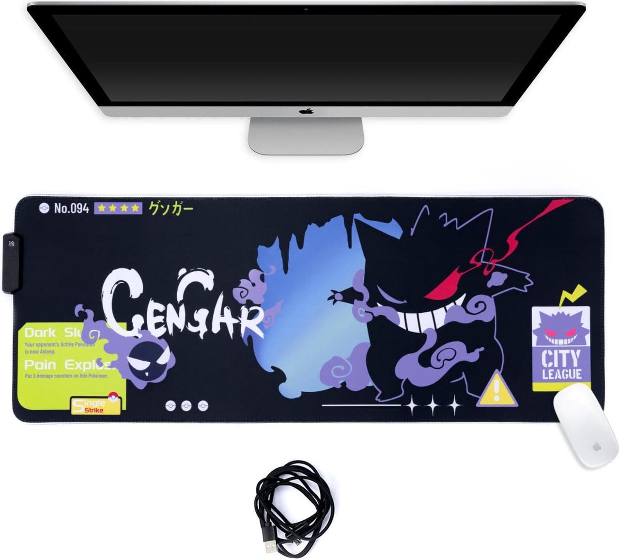 Corn Pokemon Gengar RGB Luminous Mouse Pad Oversized Thickened Lock Side Desk Pad For Gaming,Non-Slip Natural Rubber Base, Fiber Overlock, Power-off Protection Waterproof Stain Resistant 800*300*3mm