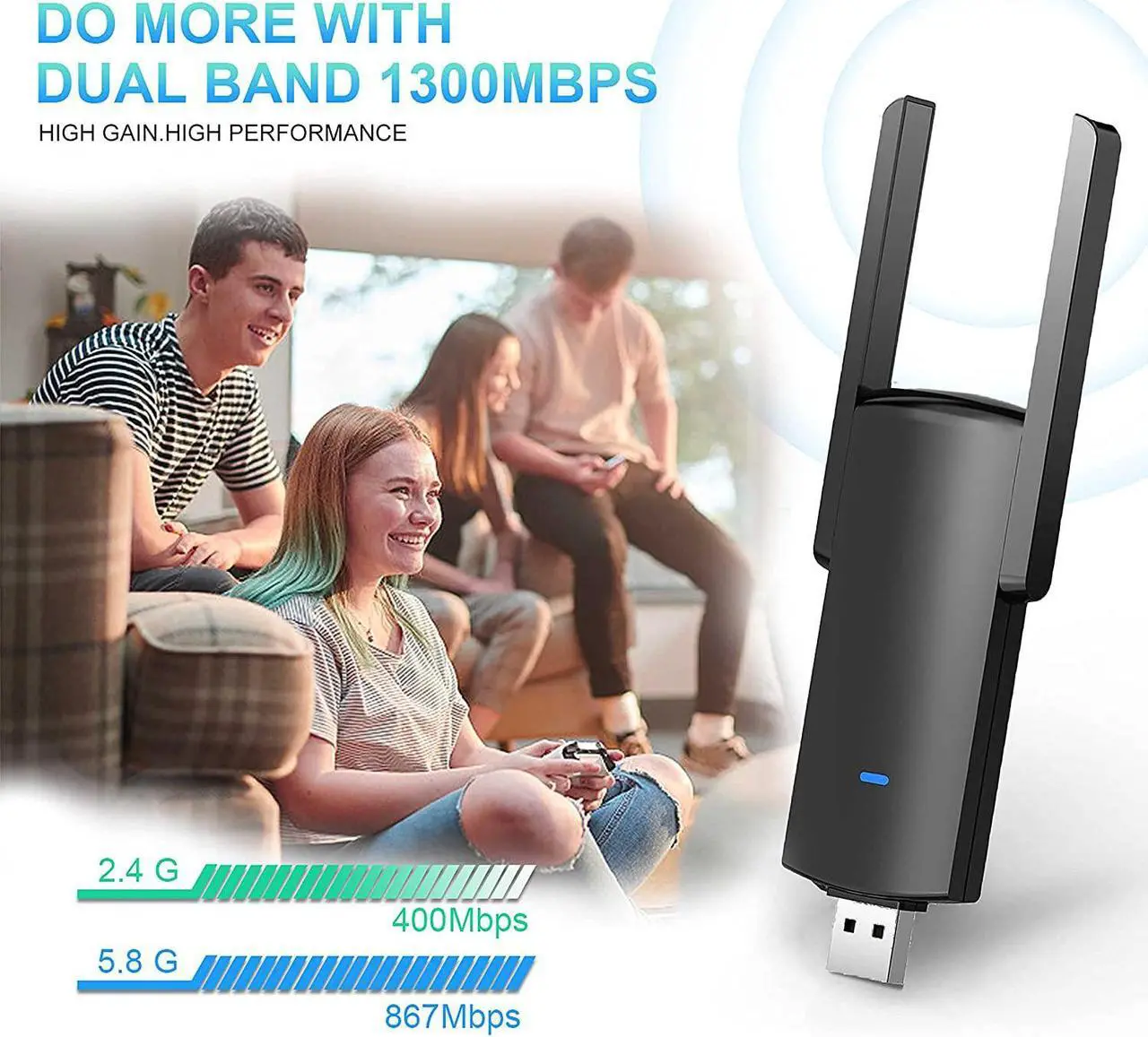 Alt view image 2 of 7 - USB WiFi Adapter for Desktop PC - 1300Mbps USB 3.0 WiFi Dongle with Antenna, 2.4GHz & 5GHz Dual Band WiFi Adapter, Compatible with Windows 11/10/8.1/8/7, Mac OS 10.9-10.15