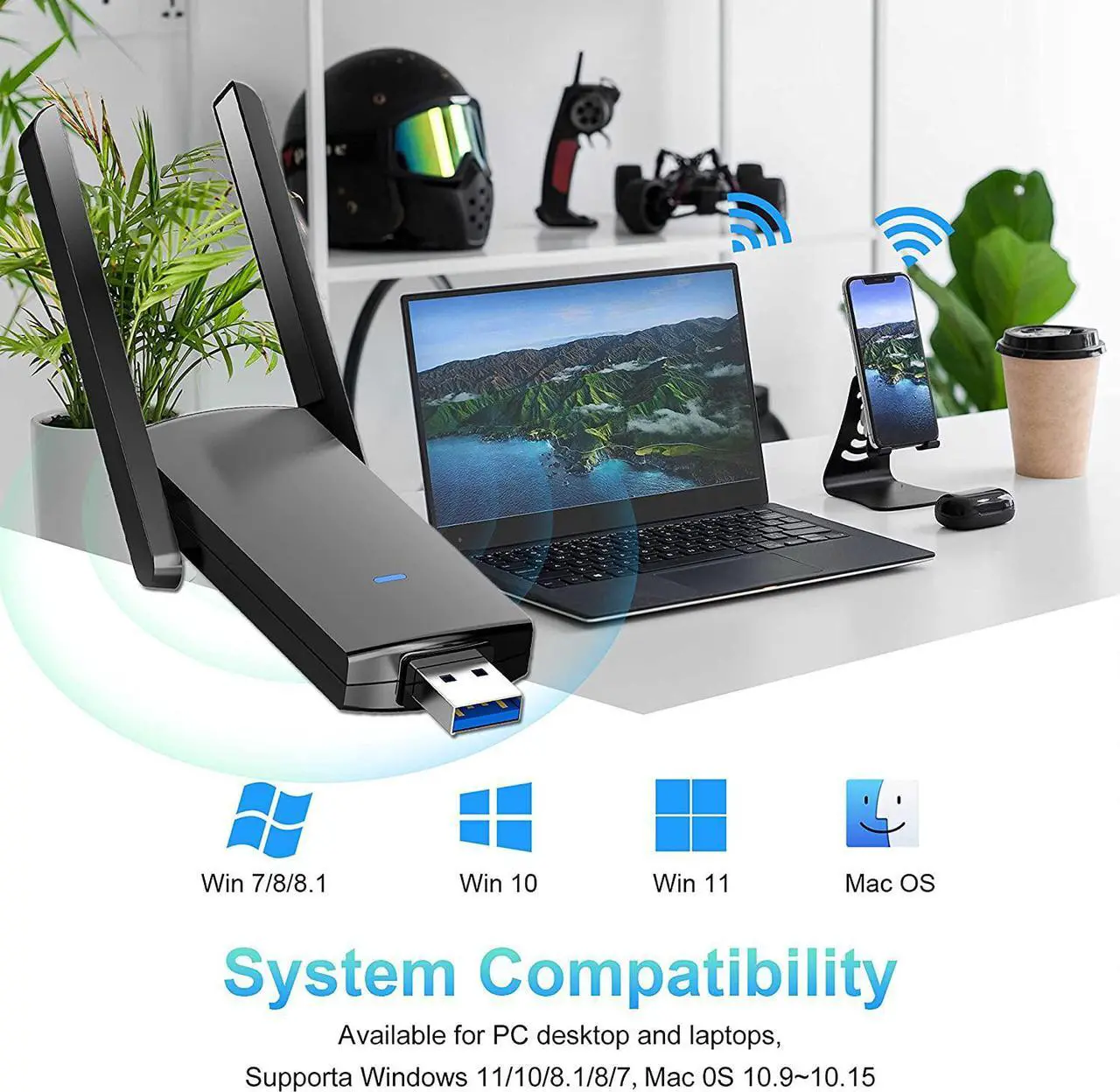 Alt view image 6 of 7 - USB WiFi Adapter for Desktop PC - 1300Mbps USB 3.0 WiFi Dongle with Antenna, 2.4GHz & 5GHz Dual Band WiFi Adapter, Compatible with Windows 11/10/8.1/8/7, Mac OS 10.9-10.15