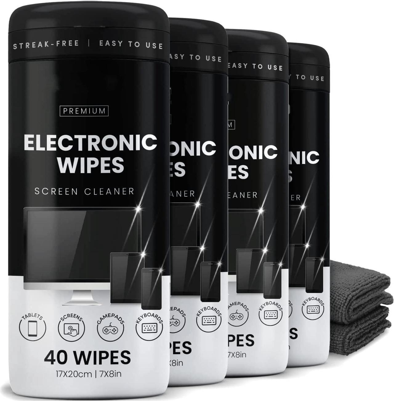 Electronic Wipes Streak-Free for Screen Cleaner & Smart Watch [4 Pack x 40] TV Screen, Smart TV, Computer Screen, Laptop, Phone, Tablet, and Electronics devices - Microfiber Cloth Included [160 Wipes]