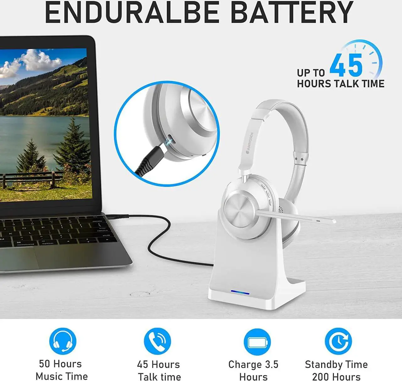 Alt view image 5 of 7 - Wireless Headset, Bluetooth Headset with Microphone & Charging Dock, Wireless Headphones with Mic Mute & USB Dongle, 45 Hours Handsfree for Zoom/Skype/PC/Laptop/Smartphone/Meeting/Call Center