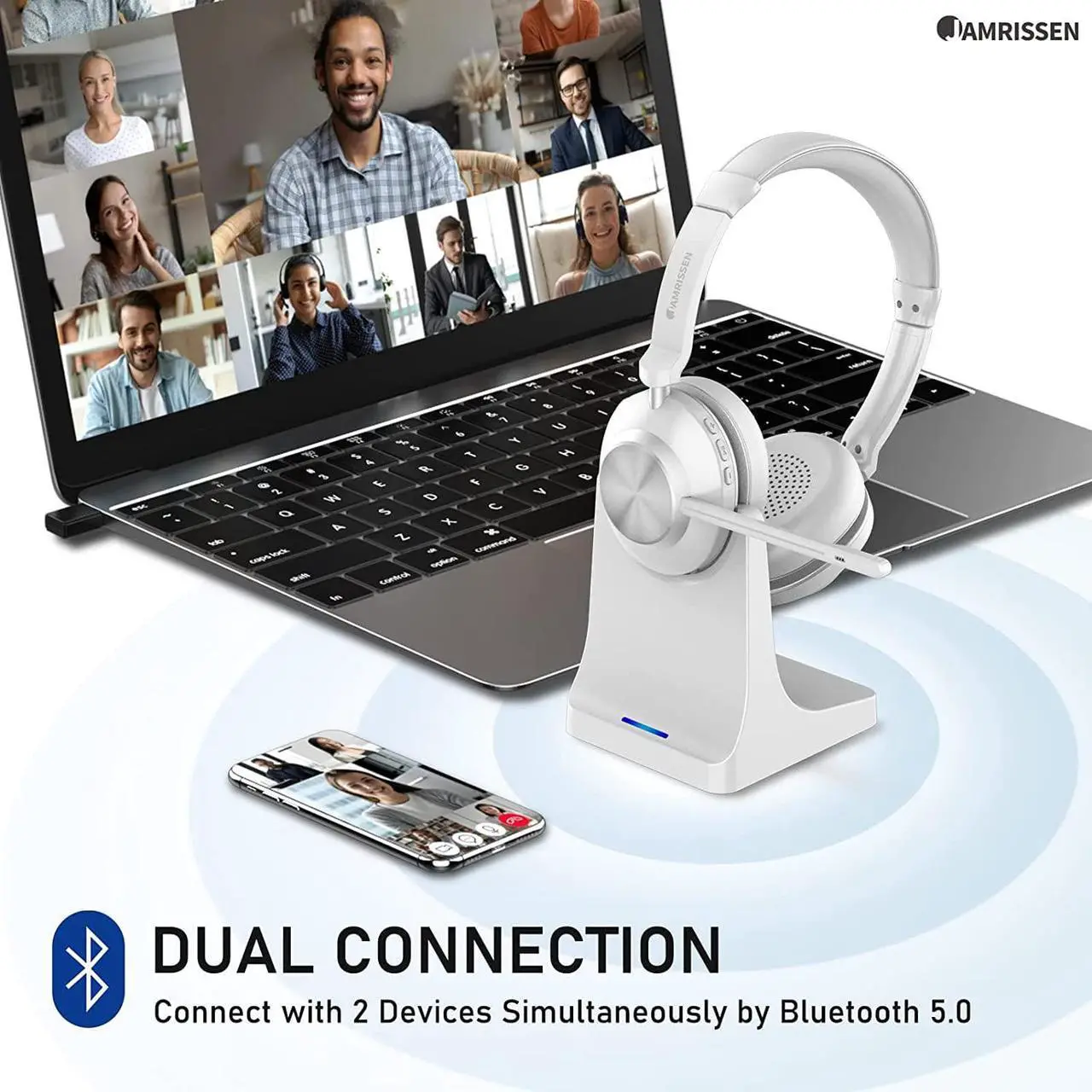 Alt view image 6 of 7 - Wireless Headset, Bluetooth Headset with Microphone & Charging Dock, Wireless Headphones with Mic Mute & USB Dongle, 45 Hours Handsfree for Zoom/Skype/PC/Laptop/Smartphone/Meeting/Call Center