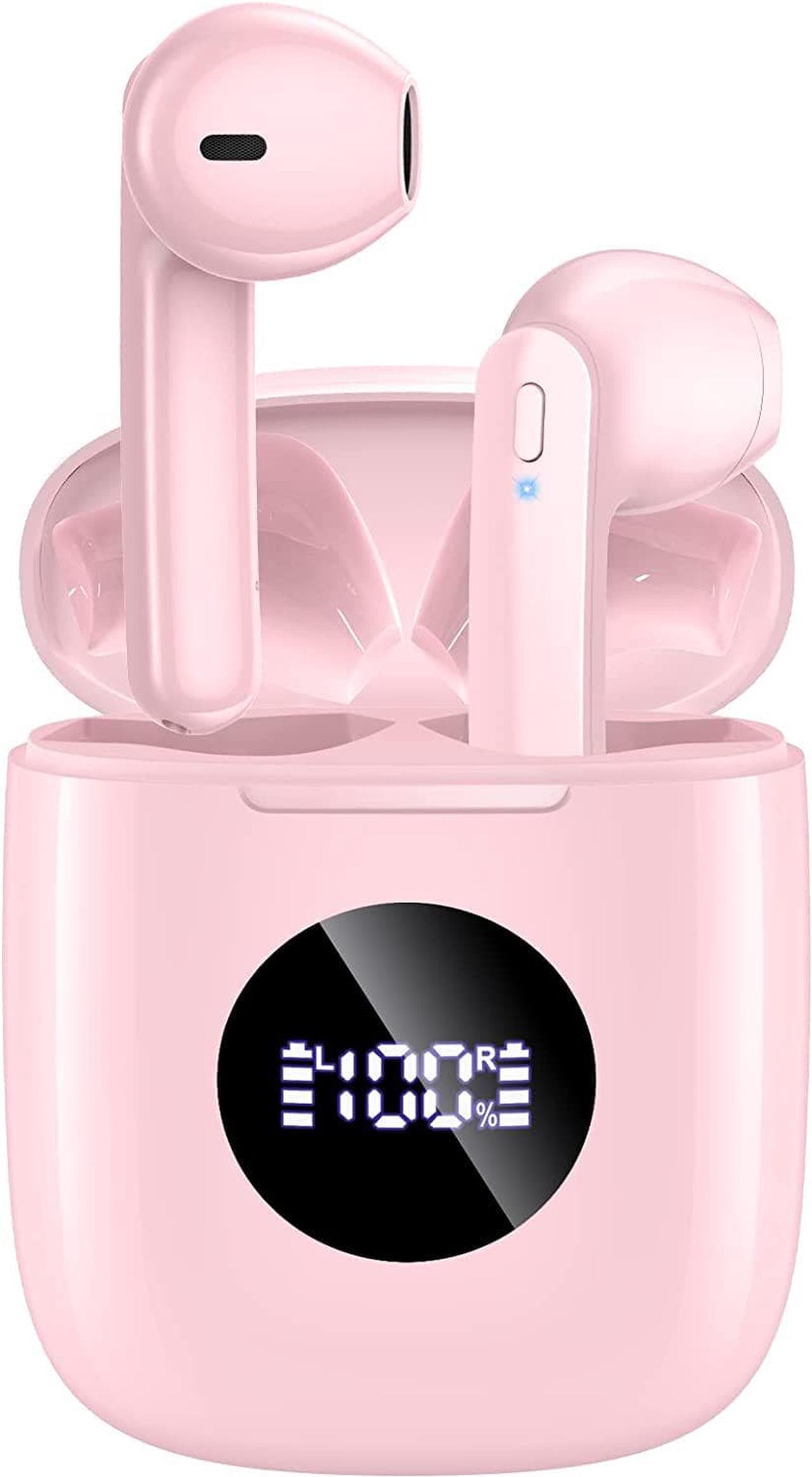 Wireless Earbuds V5.3 Bluetooth Headphones 50Hrs Battery Life with Wireless Charging Case & LED Power Display Deep Bass IPX7 Waterproof Earphones Microphone Stereo Headset for TV Phone, Pink