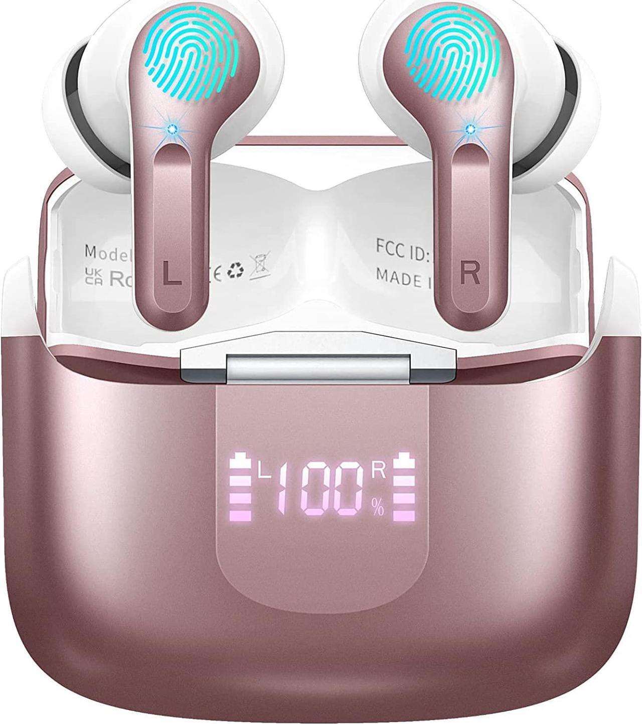 Wireless Earbud, Bluetooth Headphones 5.3 Stereo Bass Earphones 2023 Noise Cancelling Ear Buds 40H Dual Mic Call, Bluetooth Earbud in-Ear USB-C LED Display IP7 Waterproof Sport Headset for Android iOS