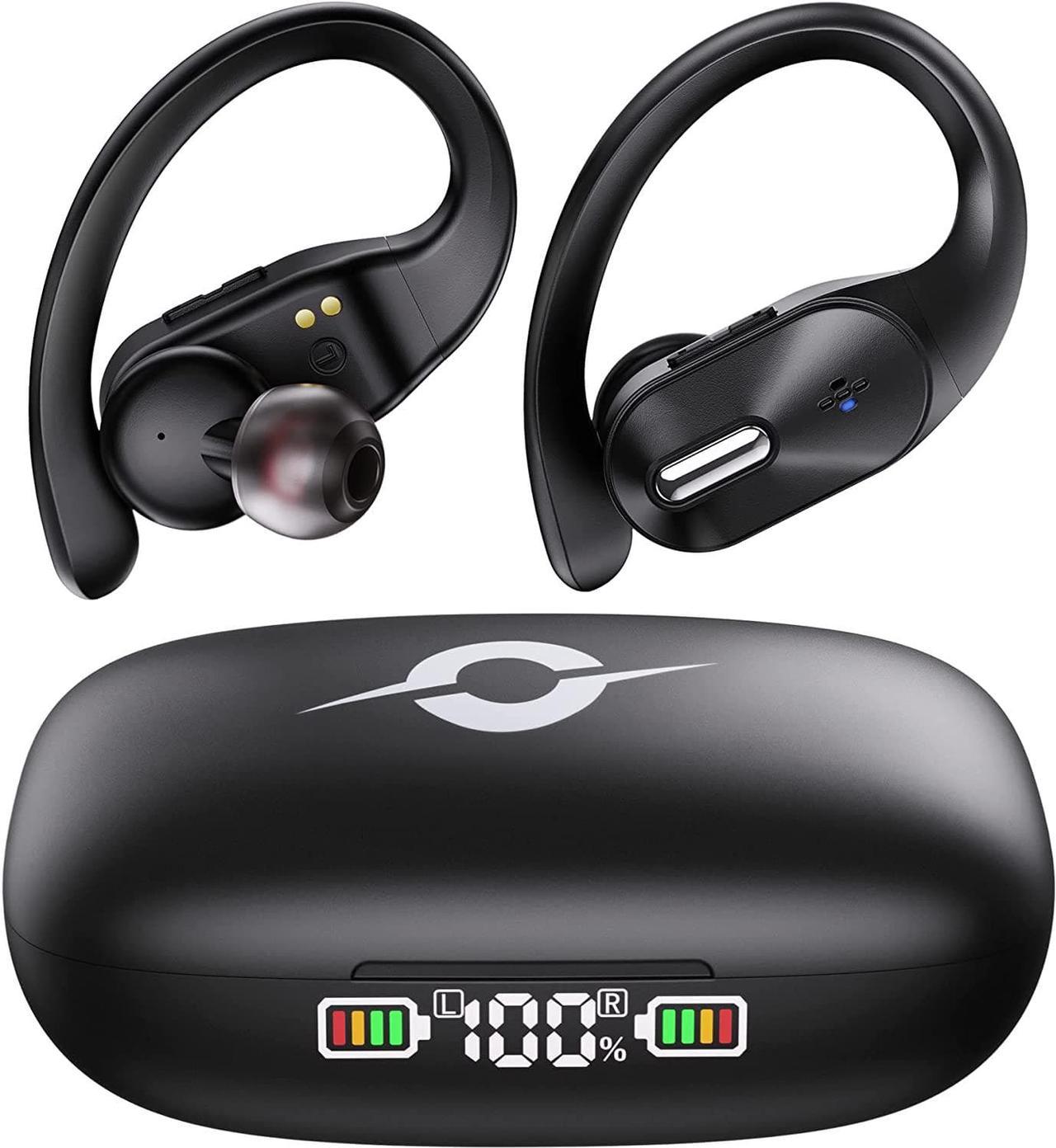 Bluetooth Headphones Wireless Earbuds Bass Stereo Sound with Wireless Charging Case 48H Playback Earphones LED Display With Built in Mic and Over Earhooks Waterproof Headset for Running Workout Sports