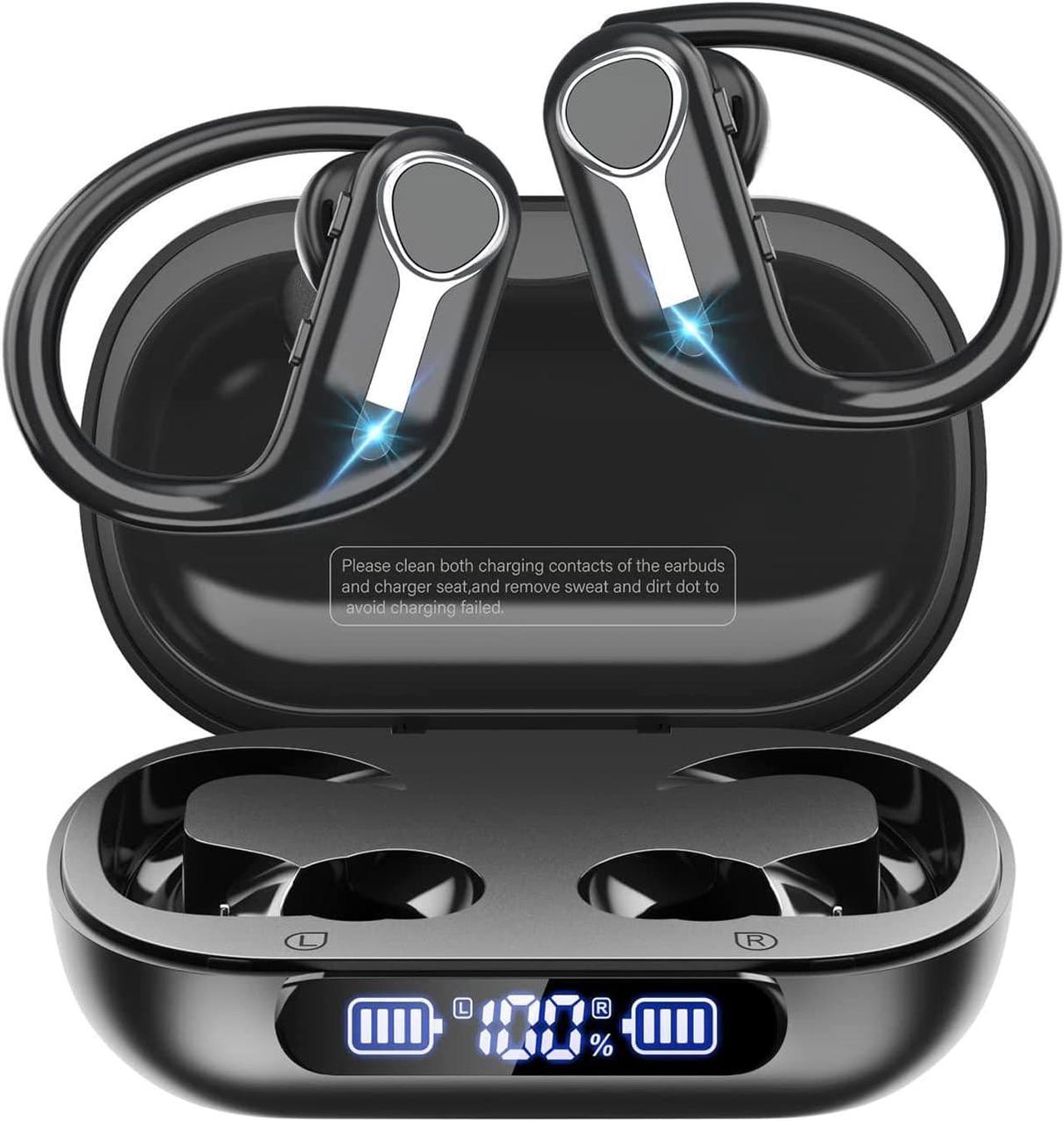 Wireless Earbuds, Bluetooth 5.3 Headphones 88H Playtime with 1800mAh Charging Case, IPX7 Waterproof Over-Ear Earphones with Earhooks Built-in Microphone Earbuds for Sports Running Workout Black