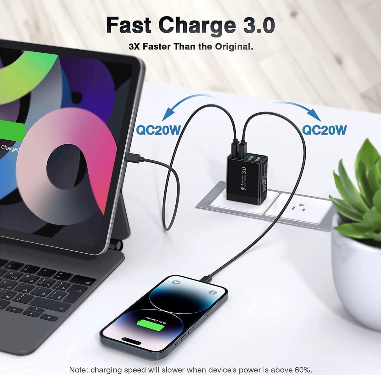 Alt view image 3 of 7 - 30W USB A Wall Charger Block, 2-Pack 4Port QC Fast Power Adapter, USB Charging Brick Cube Plug for iPhone 11/12/13/14/Pro Max, XS/XR/X, iPad/AirPods Pro, Samsung, Google, Tablet, Androids(Black)