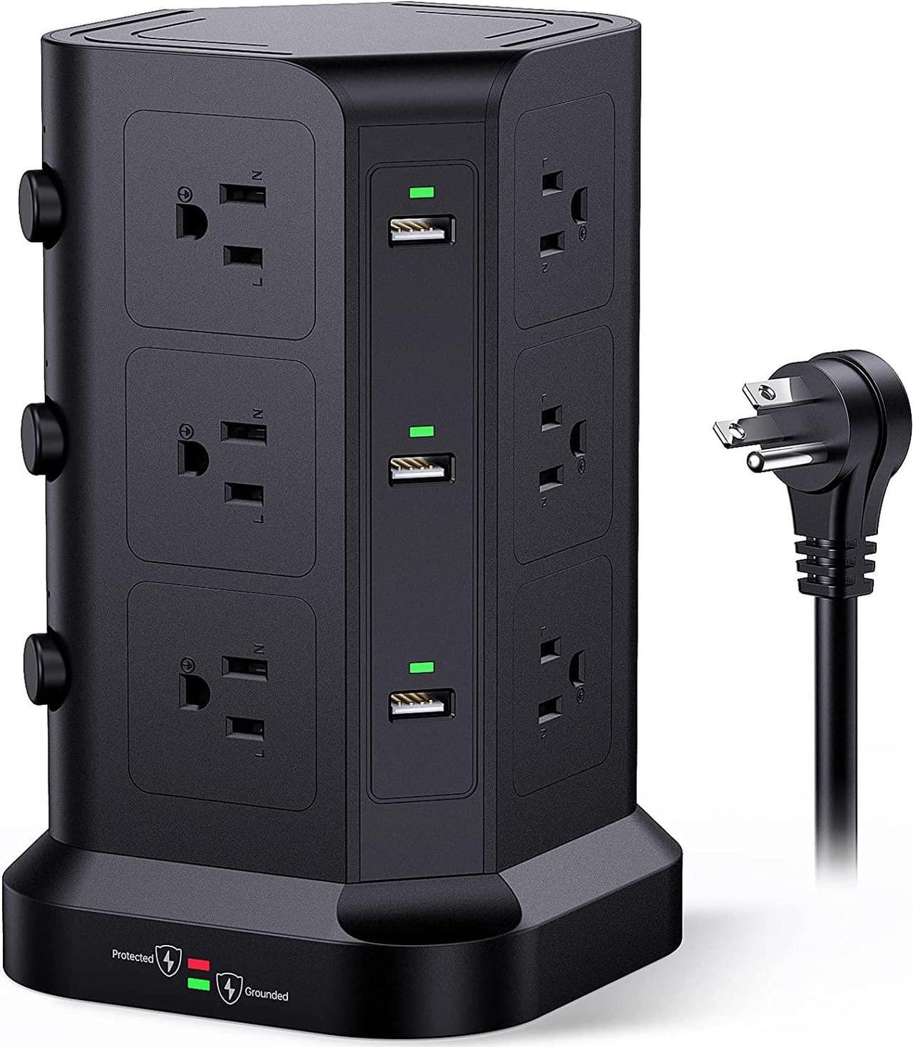 Power Strip Tower [15A 1500J] Surge Protector - 12 AC Multiple Outlets & 6 USB Ports, Flat Plug 14 AWG Heavy-Duty Extension Cord 6.5ft, Home Office Supplies, Dorm Room Essentials Black