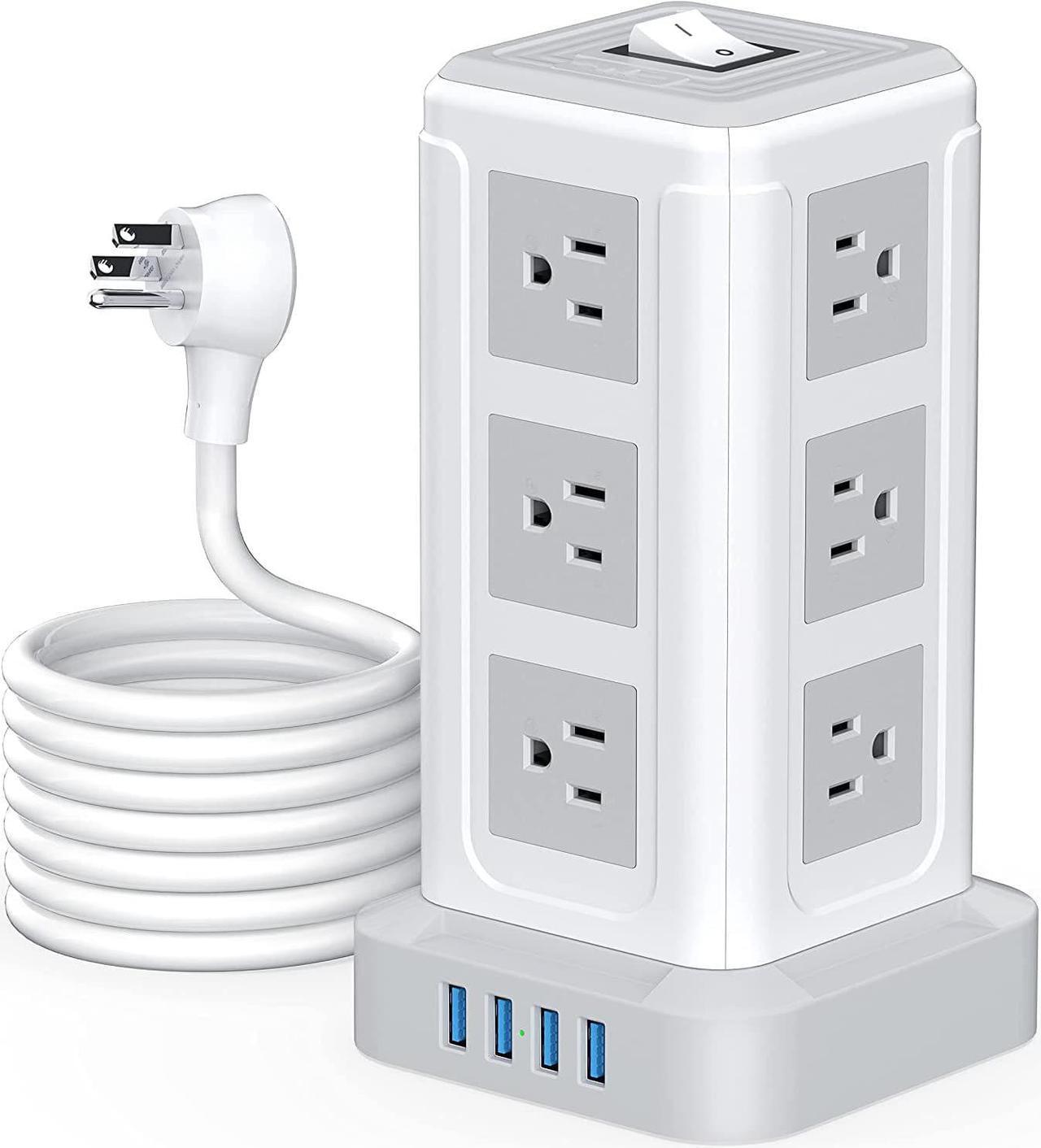 Power Strip Tower, Power Strip Surge Protector with 12 AC Multiple Outlets & 4 USB Ports, 10 Ft Extension Cord Flat Plug, Charging Station for Office Supplies,Dorm Room Essentials,White