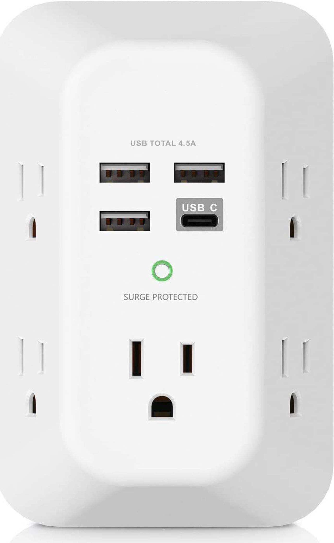 USB Wall Charger Surge Protector 5 Outlet Extender with 4 USB Charging Ports ( 1 USB C Outlet) 3 Sided 1800J Power Strip Multi Plug Outlets Wall Adapter Spaced for Home Travel Office ETL Listed