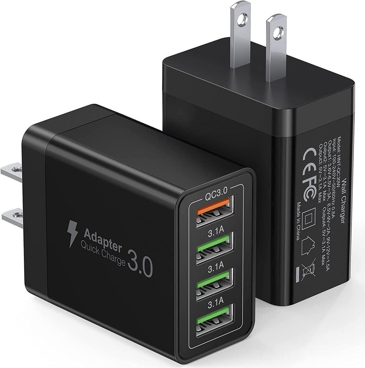 Main image of 30W USB A Wall Charger Block, 2-Pack 4Port QC Fast Power Adapter, USB Charging Brick Cube Plug for iPhone 11/12/13/14/Pro Max, XS/XR/X, iPad/AirPods Pro, Samsung, Google, Tablet, Androids(Black)