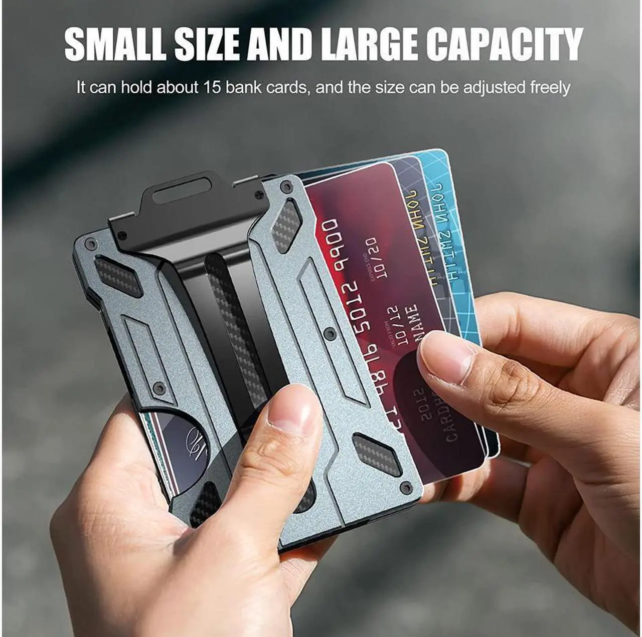 Alt view image 4 of 6 - Wallet For Men - Slim Aluminum Metal Money Clip with 1 Clear window ID Badge Holder, RFID Blocking, Holds up 15 Cards with Cash Clip. Ultra-Thin Minimalist Wallet