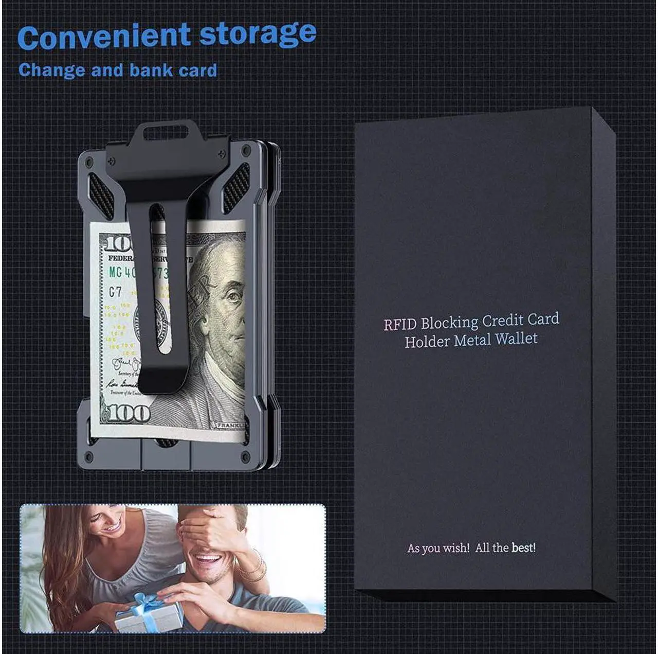 Alt view image 6 of 6 - Wallet For Men - Slim Aluminum Metal Money Clip with 1 Clear window ID Badge Holder, RFID Blocking, Holds up 15 Cards with Cash Clip. Ultra-Thin Minimalist Wallet